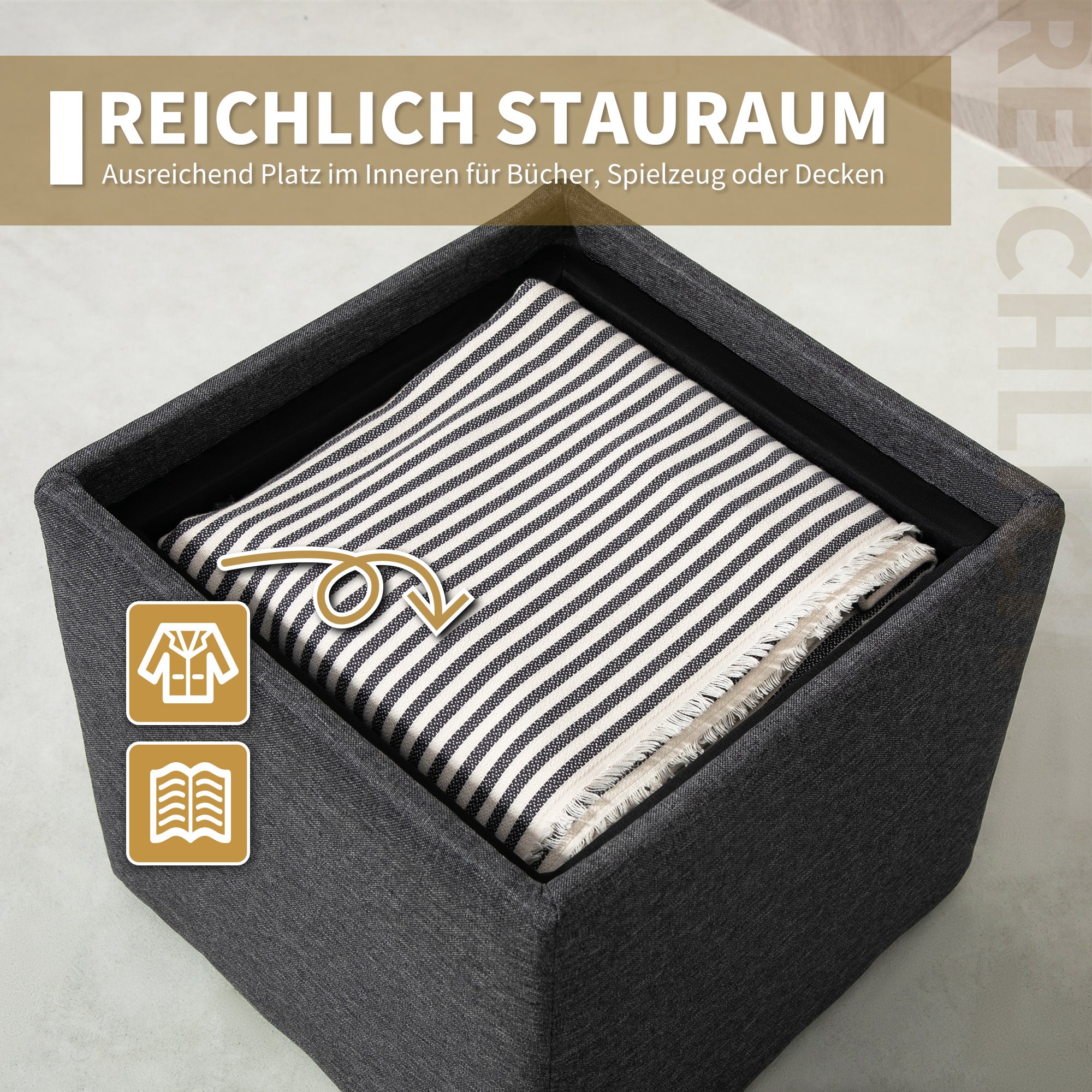 HOMCOM Sitzhocker mit Stauraum, Fußhocker, Polsterhocker, abnehmbarer Deckel, Bezug in Leinenoptik, 42 x 42 x 41 cm, Dunkelgrau