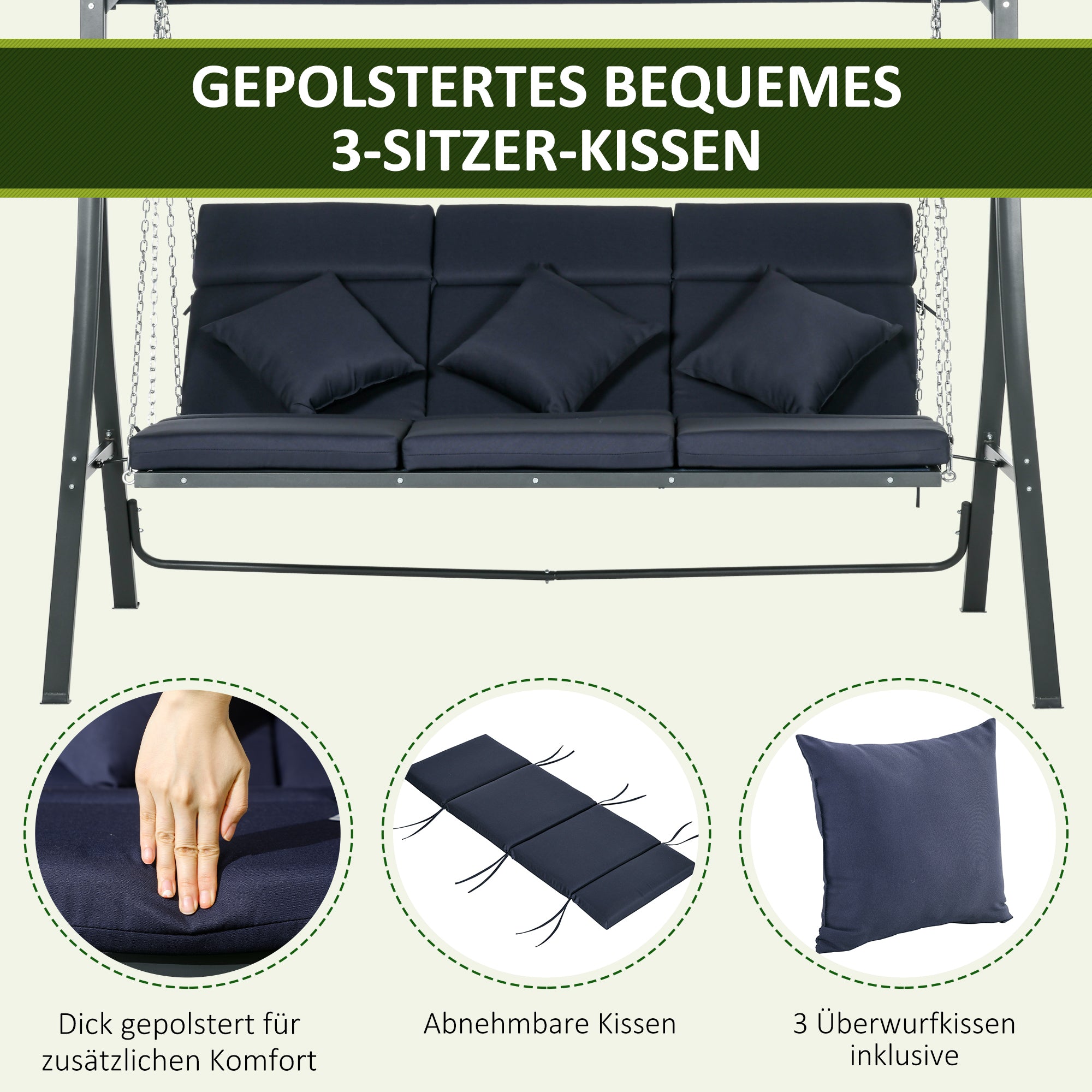 Outsunny Hollywoodschaukel Gartenschaukel, 3 Personen, verstellbares Sonnendach, 198 x 118 x 168 cm, Dunkelgrau