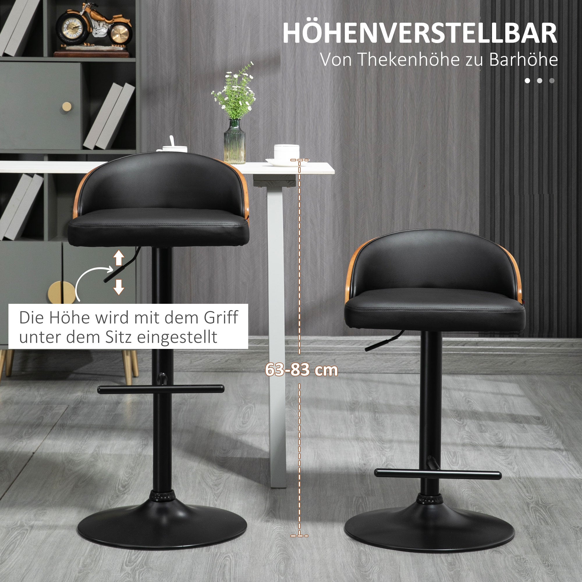 HOMCOM Barhocker 2er Set, Gepolstert Barstuhl aus Stahl und Massivholz, Höhenverstellbar Küchenstühle mit Fußstütze, 360° Drehbar, Tresenhocker für Küche, Wohnzimmer, Esszimmer, Schwarz+Kaffee