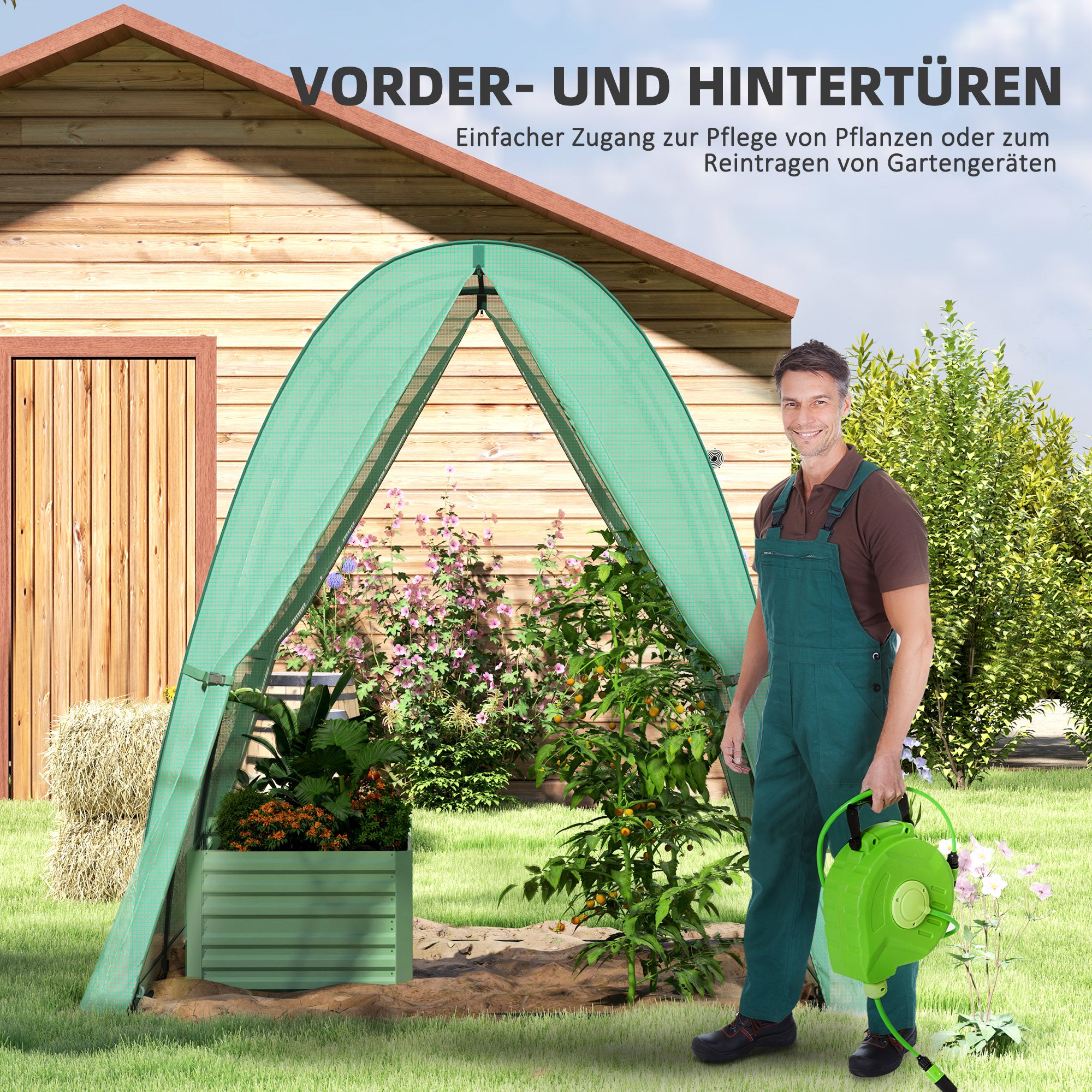 Outsunny Bogen-Gewächshaus mit Sandsäcken und Kunststoff-Abdeckung, 2 Rolltüren, Netzfenster, tragbar, 1,8 x 1,8 x 2 m, Grün
