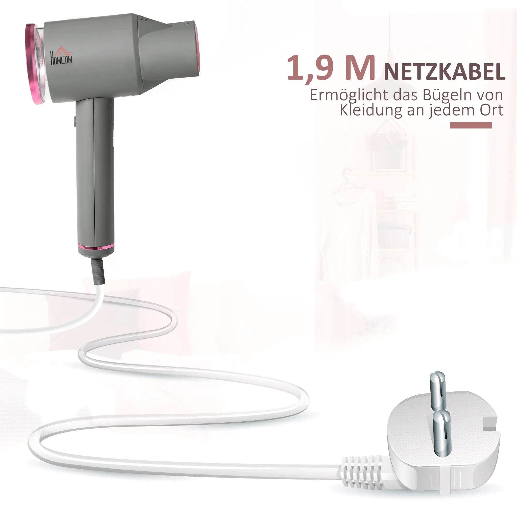 HOMCOM Dampfglätter Dampfbürste Steamer Reisebügeleisen faltbar Kleidung Hemden Dampfbügeleisen mit 160 ml Wassertank 1520 W schnelles Aufheizen Aluminium Kunststoff Grau+Rosa 27,5 x 18,2 x 9 cm