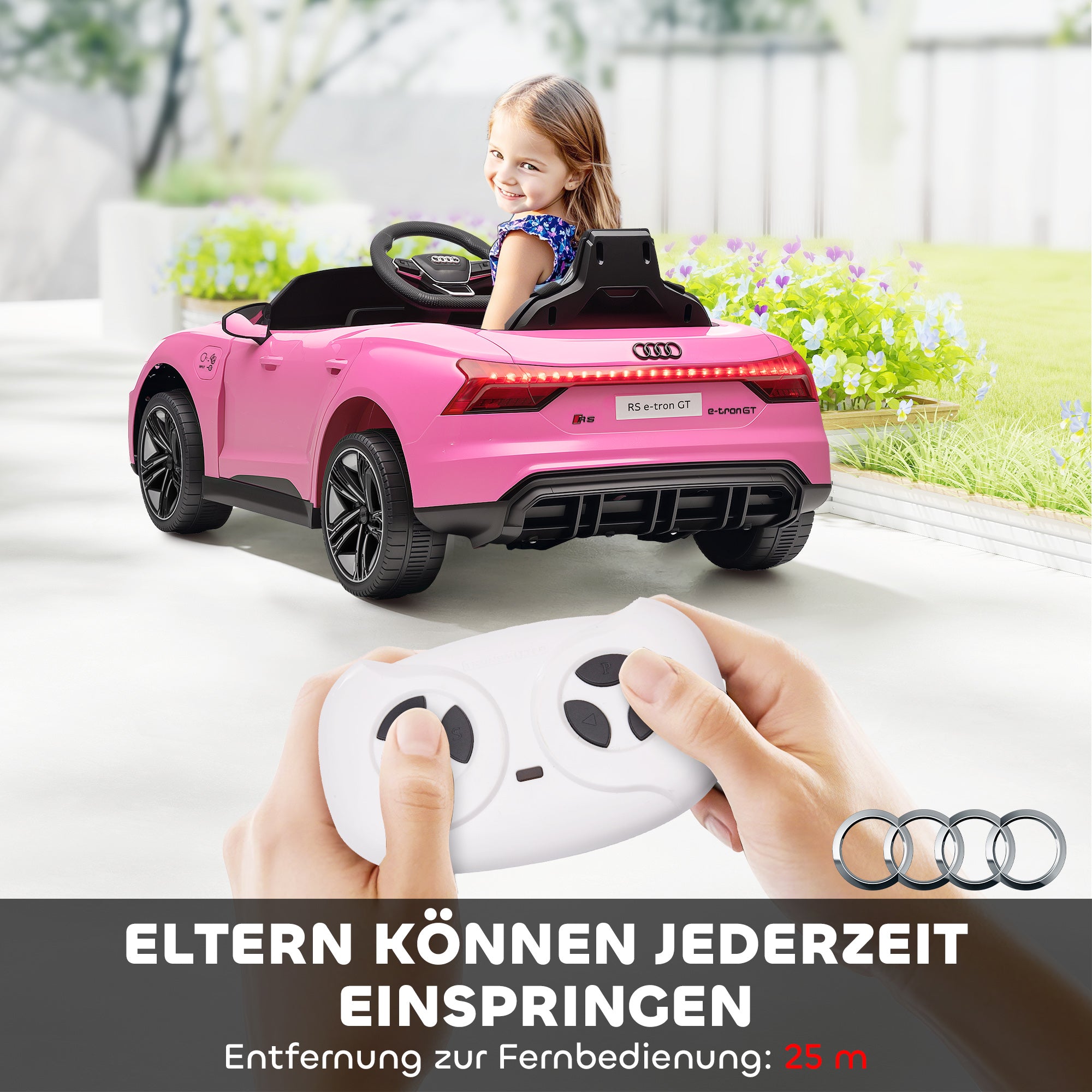 HOMCOM Kinder-Elektroauto mit Fernbedienung, Sicherheitsgurt, Hupe, Musik, Scheinwerfer, bis 5 km/h, 3-5 Jahre, Rosa