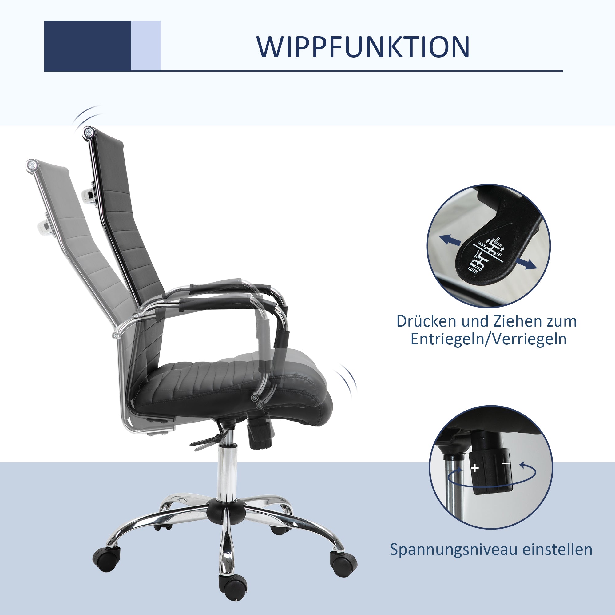Vinsetto Bürostuhl ergonomischer Schreibtischstuhl mit Wippfunktion Chefsessel höhenverstellbarer Drehstuhl gepolstert Kunstleder Schaumstoff Schwarz 54 x 62 x 104-114 cm