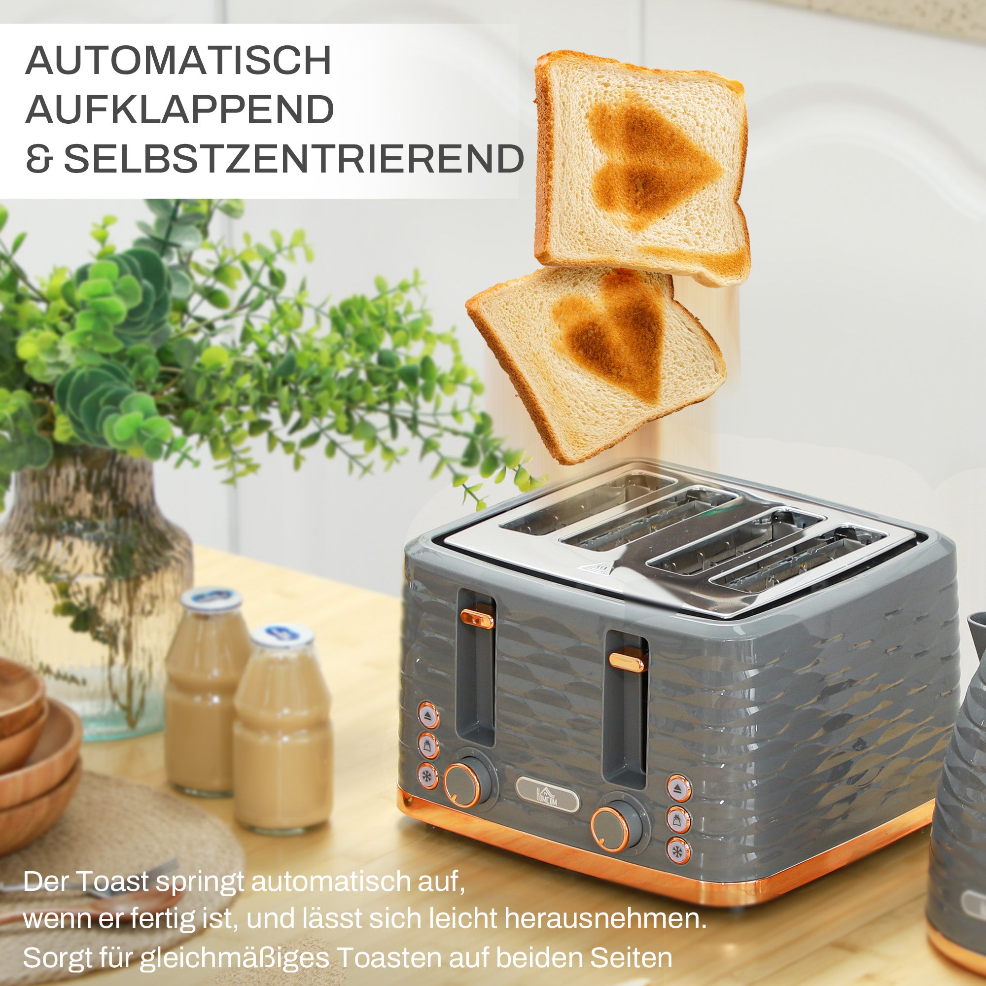 HOMCOM 2-in-1 Toaster und Wasserkocher Set, 7 Bräunungsstufen, Auftau- und Aufwärmfunktion, Grau