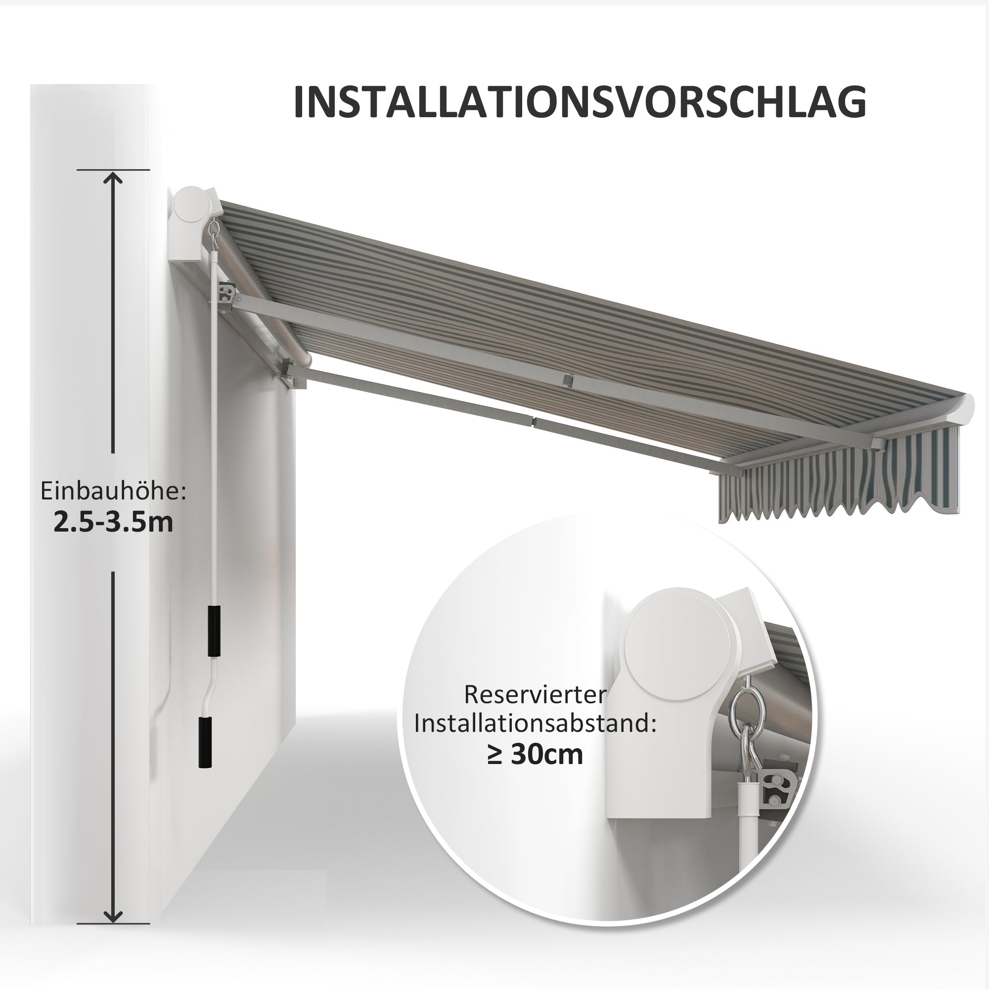 Outsunny Markise, Sonnenschutz, einfahrbar, mit Handkurbel, Metallrahmen, Polyester, weiß+grün, 3,95 x 2,45 m