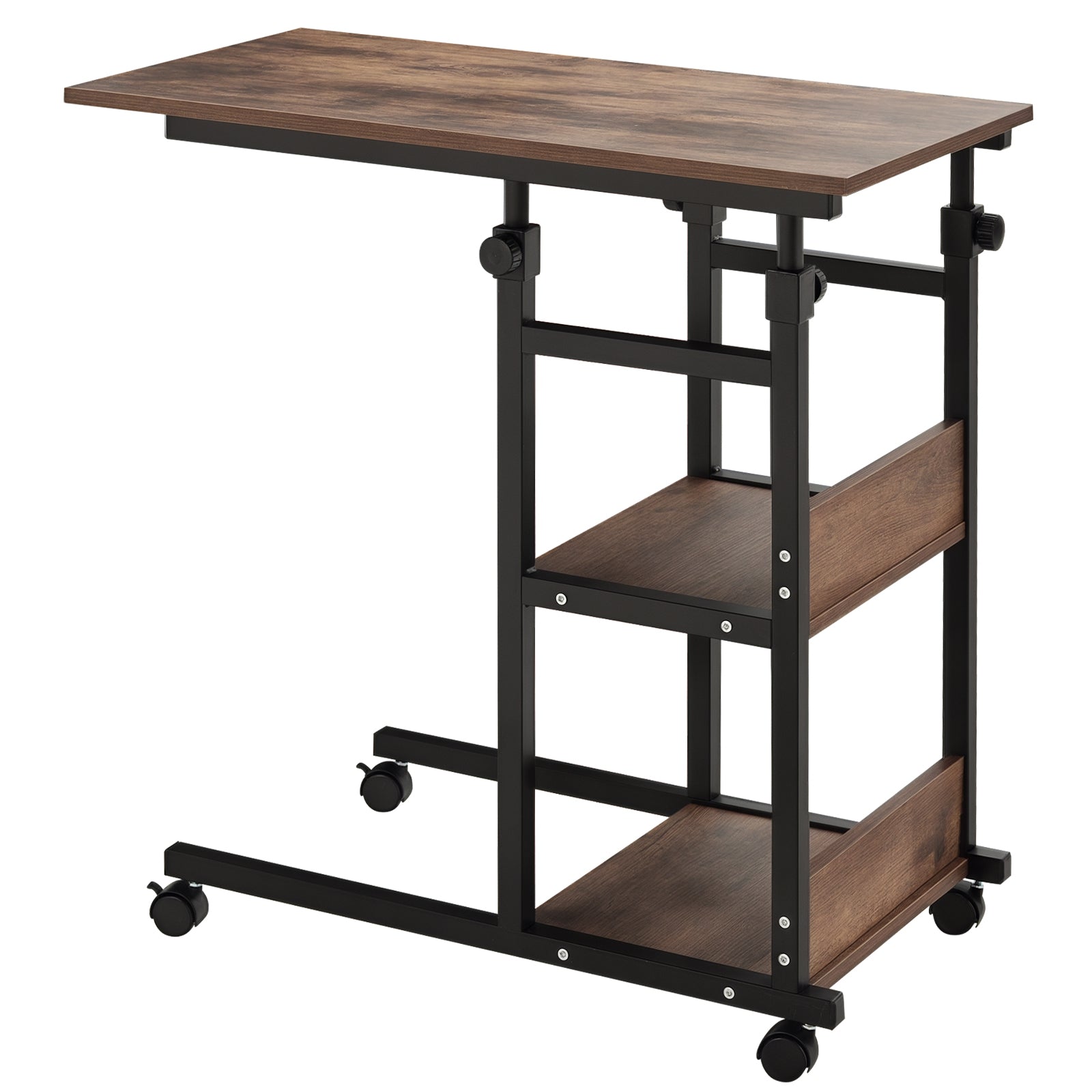 HOMCOM Beistelltisch mit Rollen, höhenverstellbar, kompakt, 2 Ablageböden, Metallrahmen, 80x40x72-82 cm, Braun/Schwarz