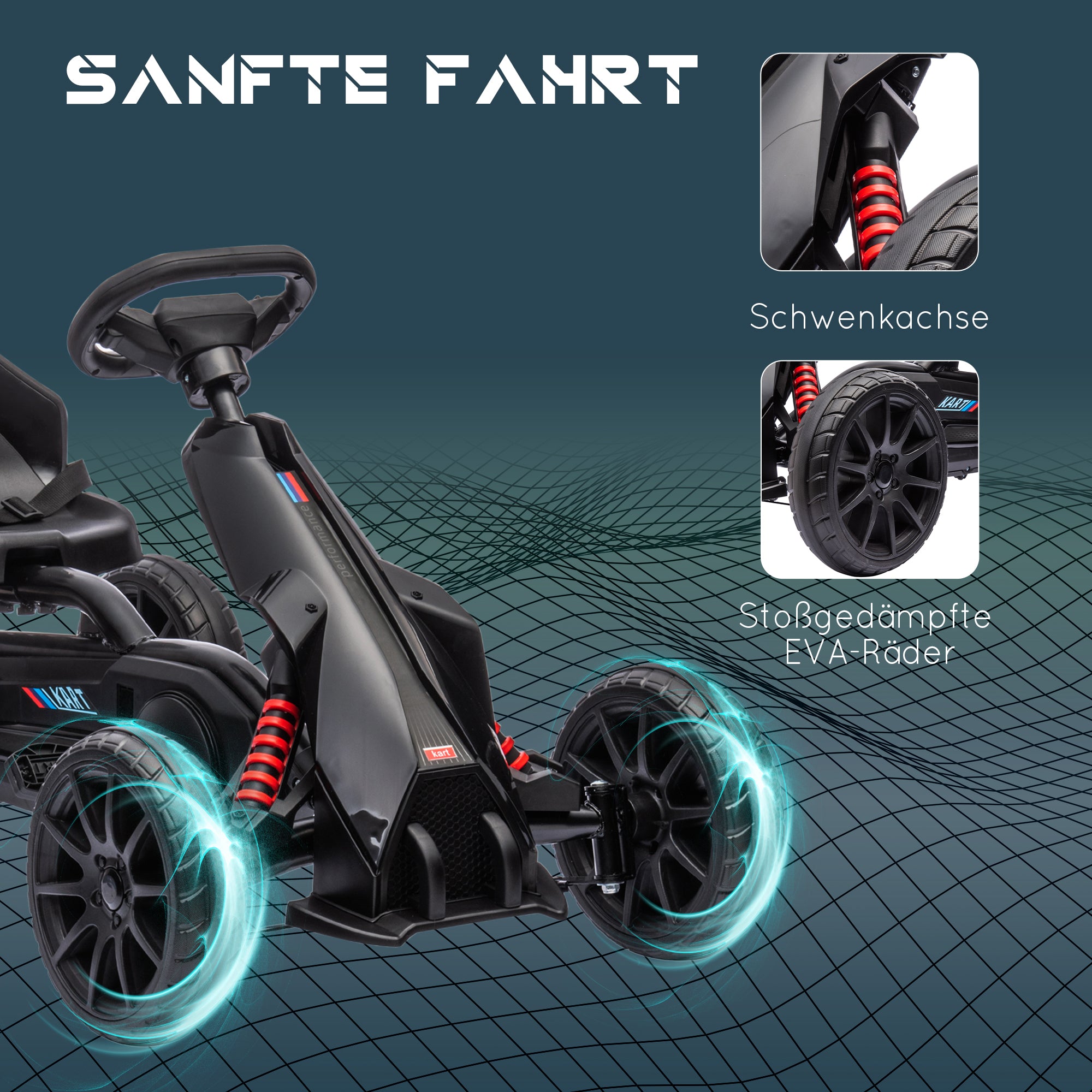 HOMCOM Go-Kart, Kinderfahrzeug mit verstellbarem Sitz, Tretfahrzeug, Tretauto mit Handbremse, 3-8 Jahre, Outdoor, Schwarz