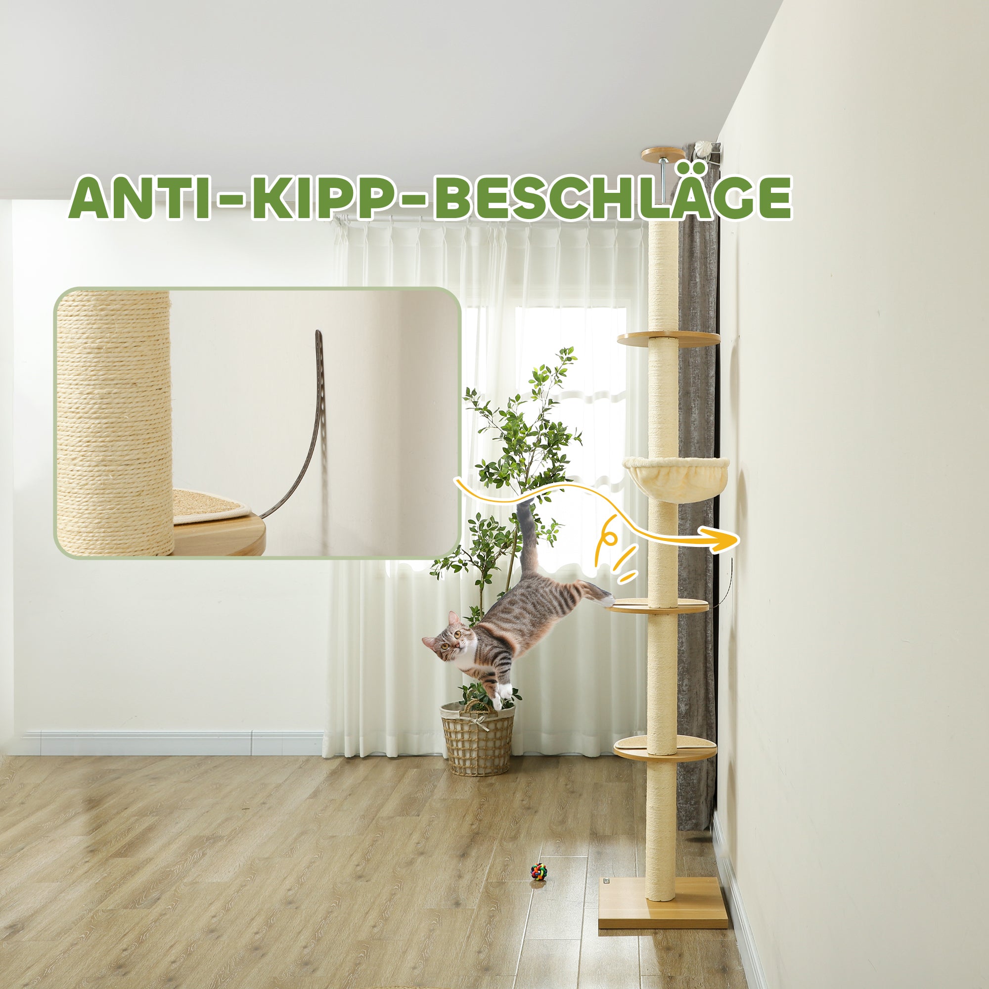 PawHut Deckenhoher Kratzbaum, Anti-Kipp-Sicherung, Sisal-Seilpfosten, Holzwerkstoff, Eiche+Cremeweiß