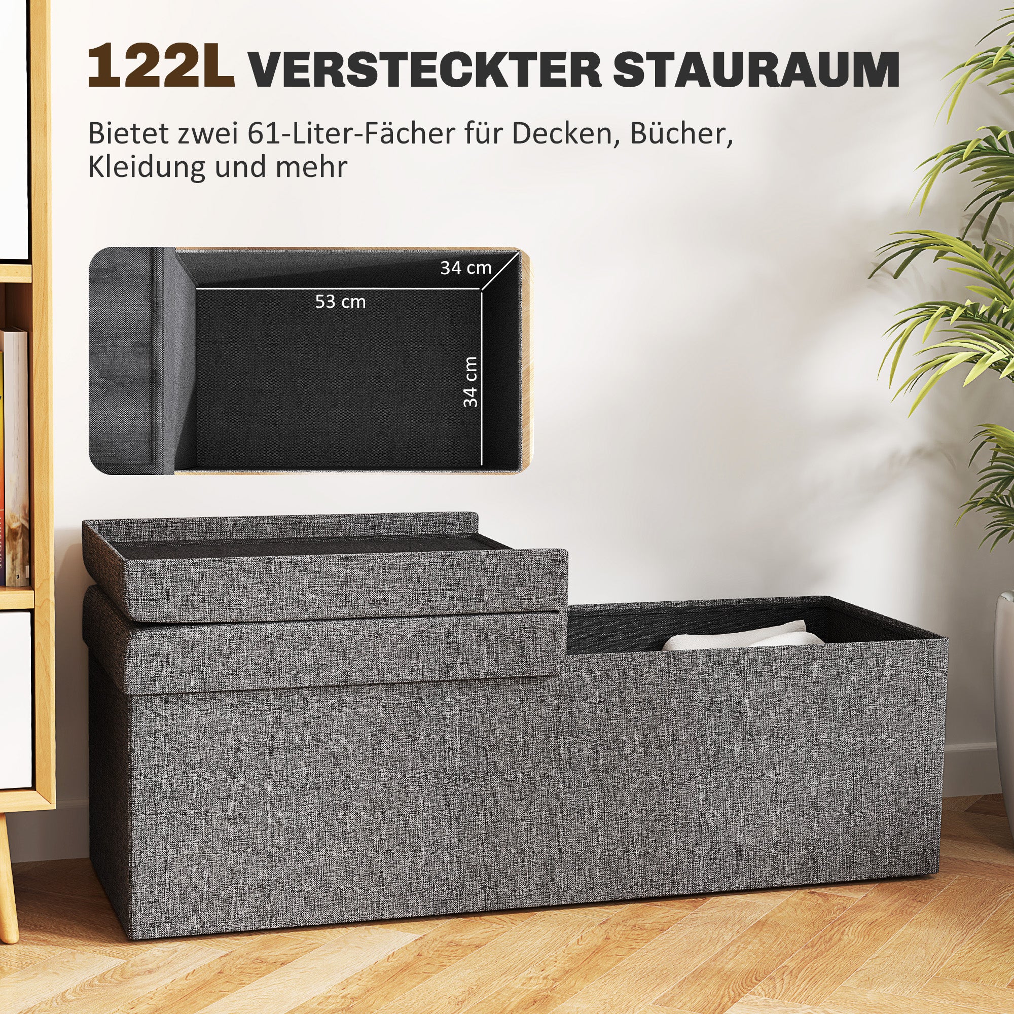 HOMCOM Fußhocker mit Stauraum, faltbares Design, weiche Polsterung, für Flur, Wohnzimmer, Schlafzimmer, Dunkelgrau