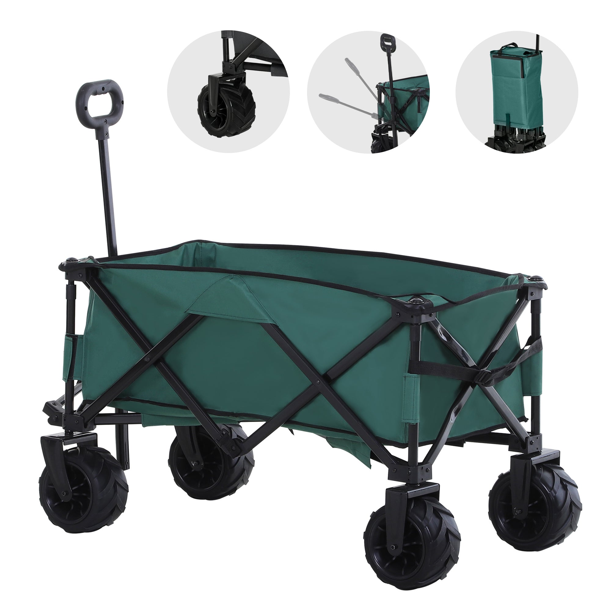 Outsunny Bollerwagen Faltbarer Handwagen 360° Gartenwagen Transportwagen mit Teleskop Griff Verstellbarer Griffhöhe Strandwagen bis 70 kg Tragkraft Metall Oxford Grün 108 x 55 x 59-89 cm