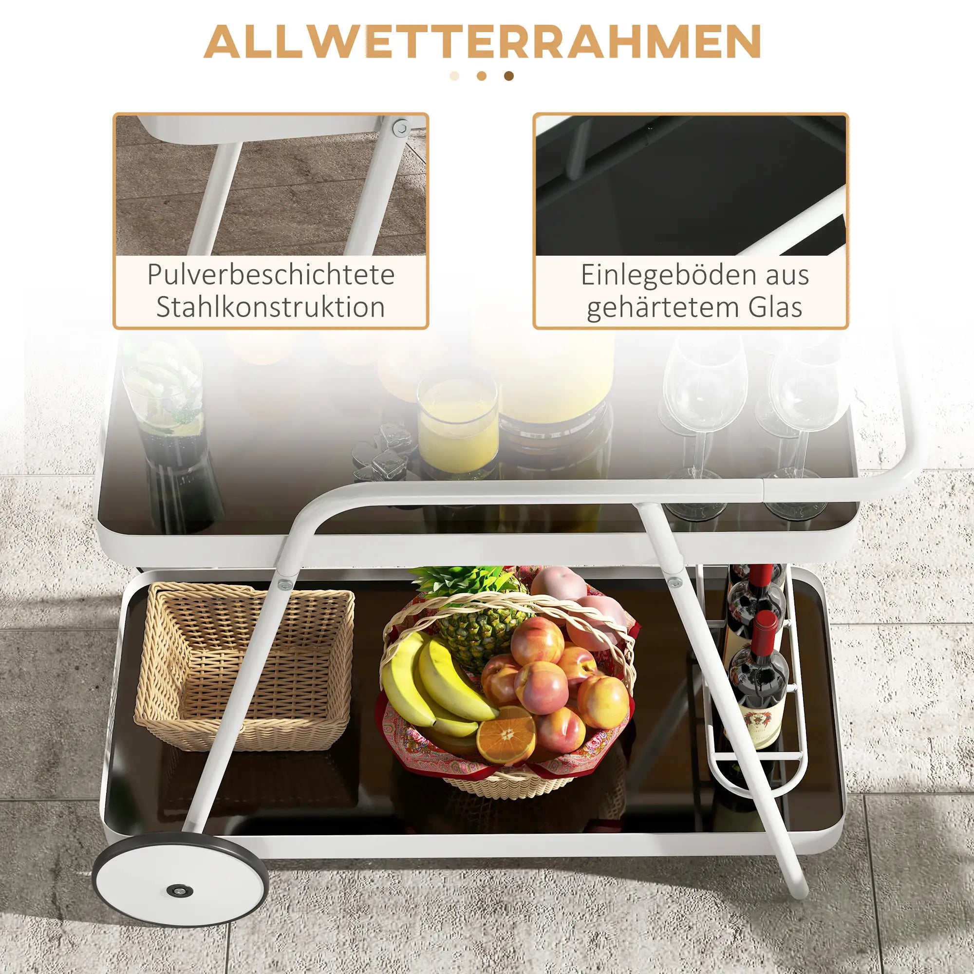 Outsunny Outdoor Servierwagen 2-stöckig mit Weinregal mit Rollen