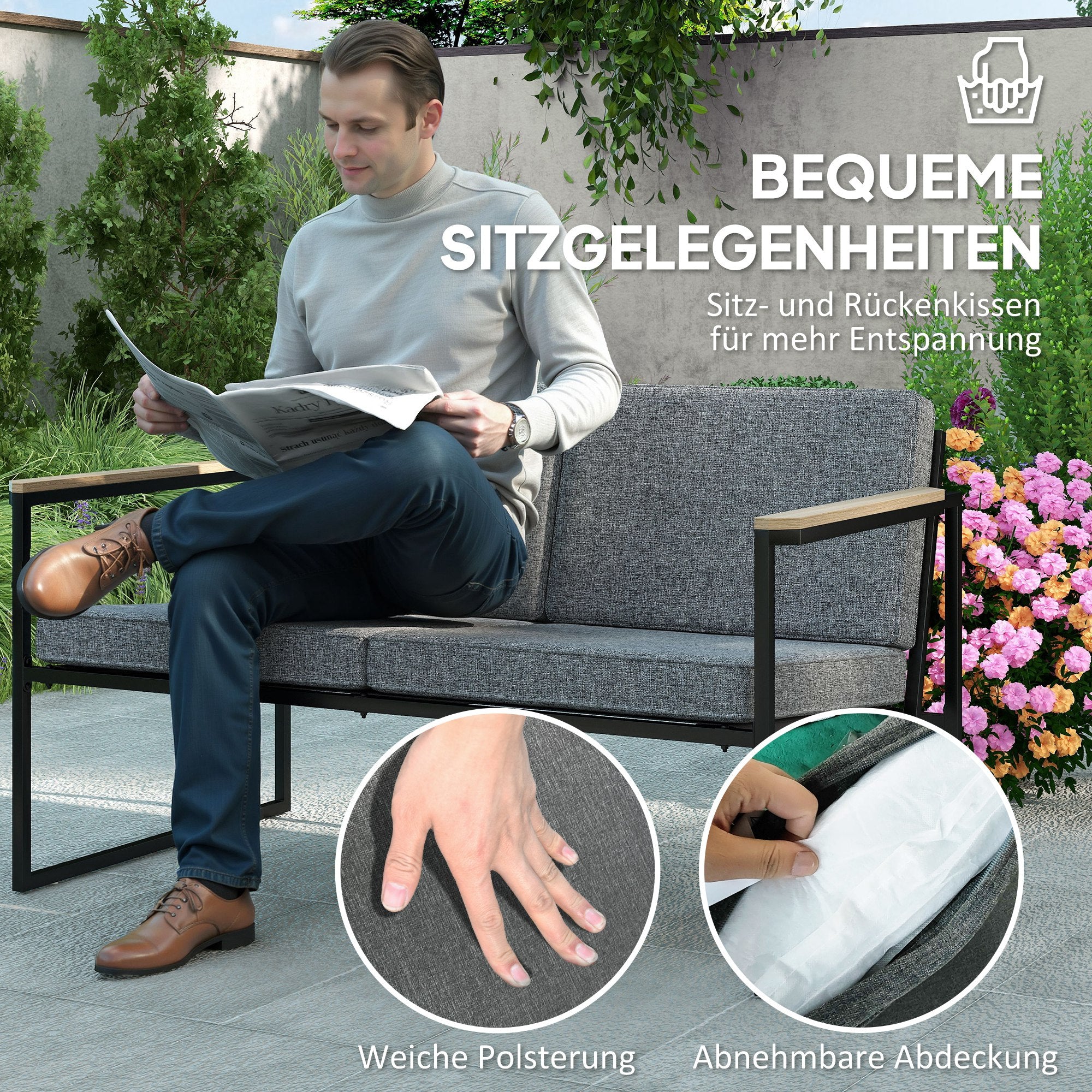Outsunny Gartenmöbel Set 4 Personen wetterfest Balkonmöbel-Set mit 2er Sofa, 2 Stühle Sitzkissen Beistelltisch Grau
