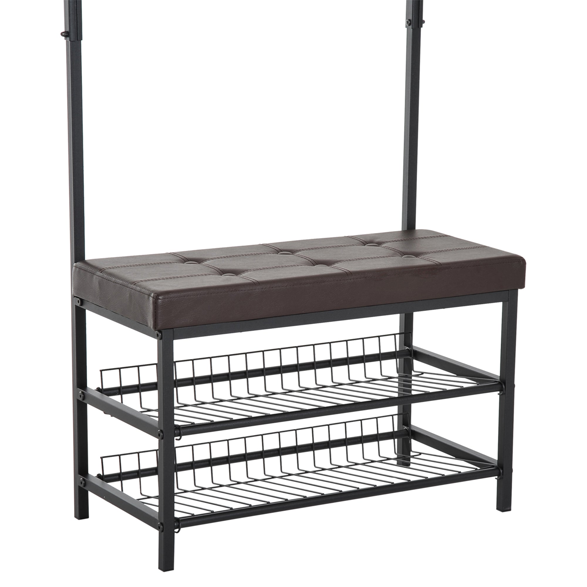 HOMCOM Garderobenständer Kleiderständer mit 5 Haken und Schuhbank mit 2 Ebenen Garderobe aus Metall für Flur, Schlafzimmer, 72,5 x35 x 180cm