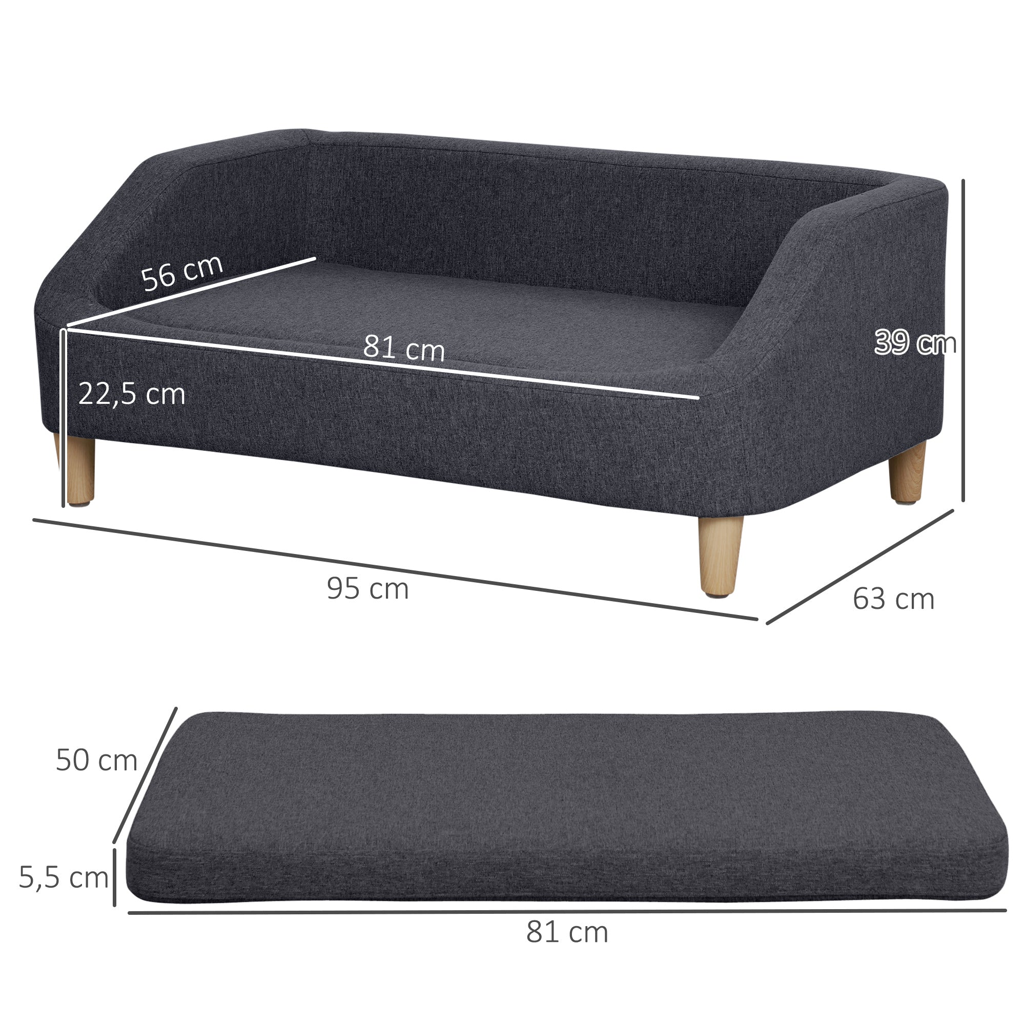 PawHut Hundesofa, Haustiersofa Katzensofa Hundebett für mittelgroße und große Hunde, Hundecouch mit Erhöhtem Design, Hundesessel mit Holzbeine, Dunkelgrau, 95 x 63 x 39 cm
