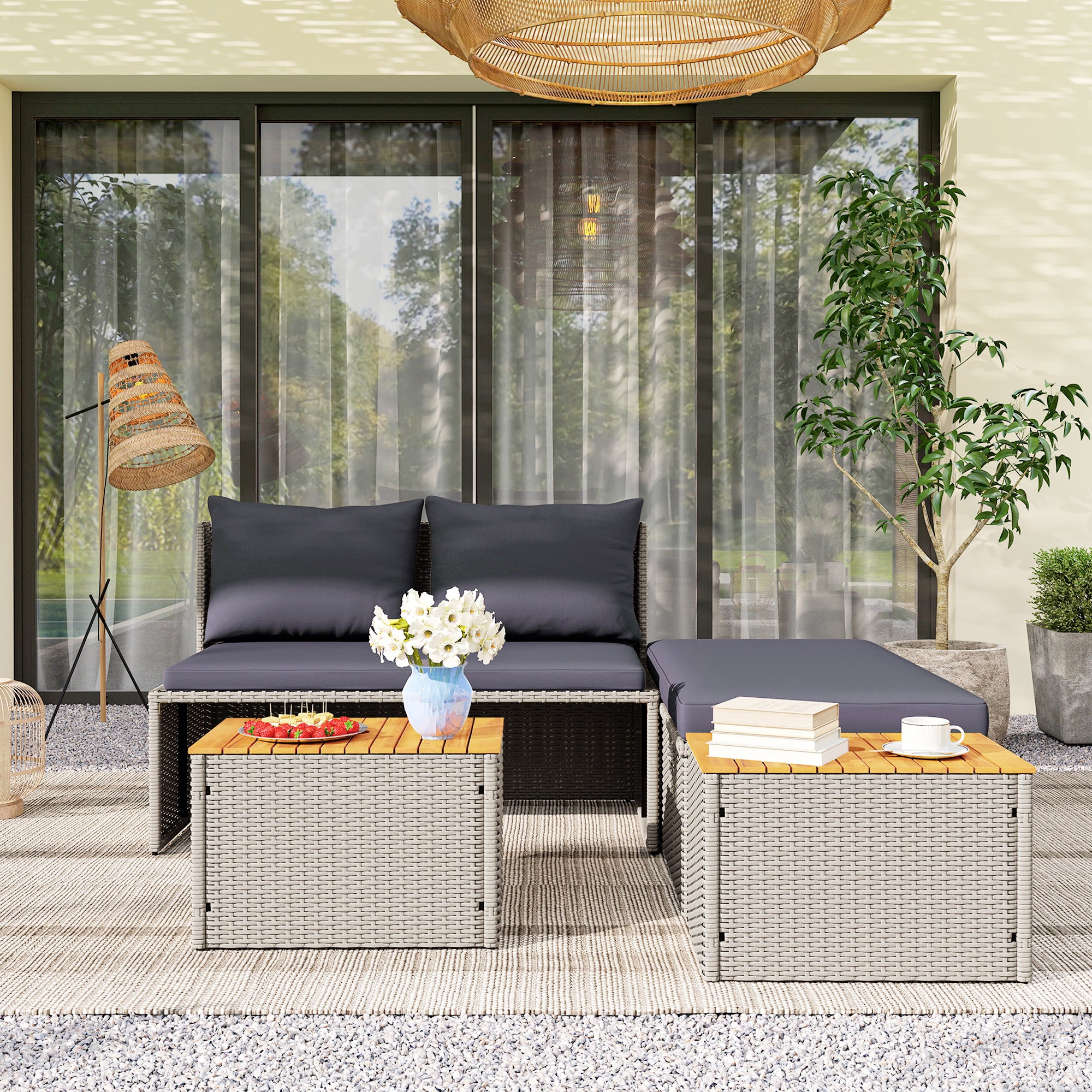 Outsunny Polyrattan Sonnenliege für 2 Personen Doppelliege mit Fußhocker Stauraum Auflagen 125x114x72,5 cm Grau