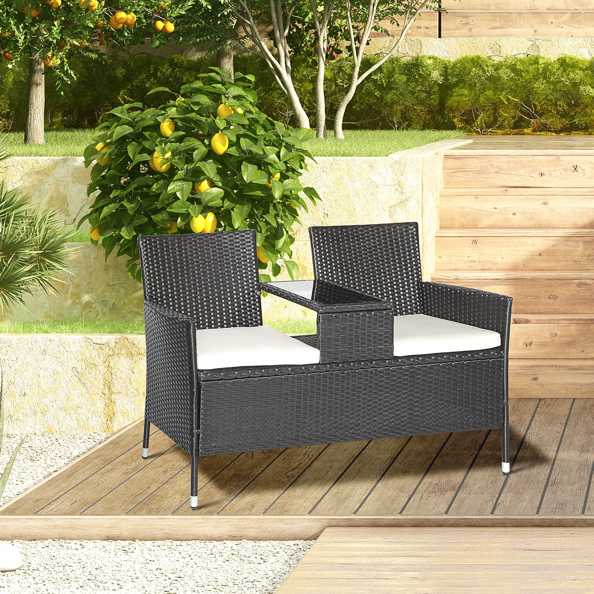 Outsunny Gartenbank Polyrattan 2-Sitzer UV-beständig Sitzbank mit Tisch Kissen Rückenlehne Gartenmöbel Parkbank bis 240kg belastbar Balkonbank für Garten Terrasse Balkon 133x63x84cm, Schwarz
