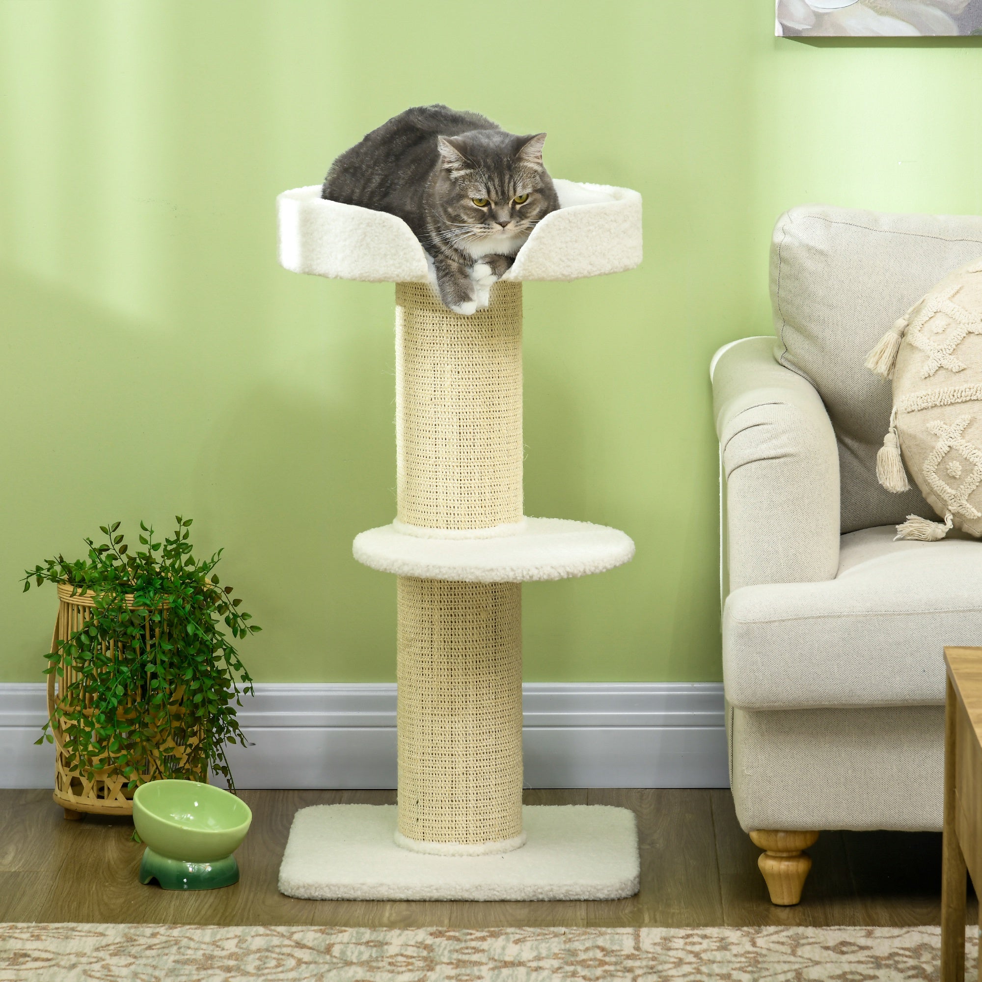 PawHut Katzenbaum 91cm Spielbaum mit Katzenbett, Plattform Lammwolle Creme
