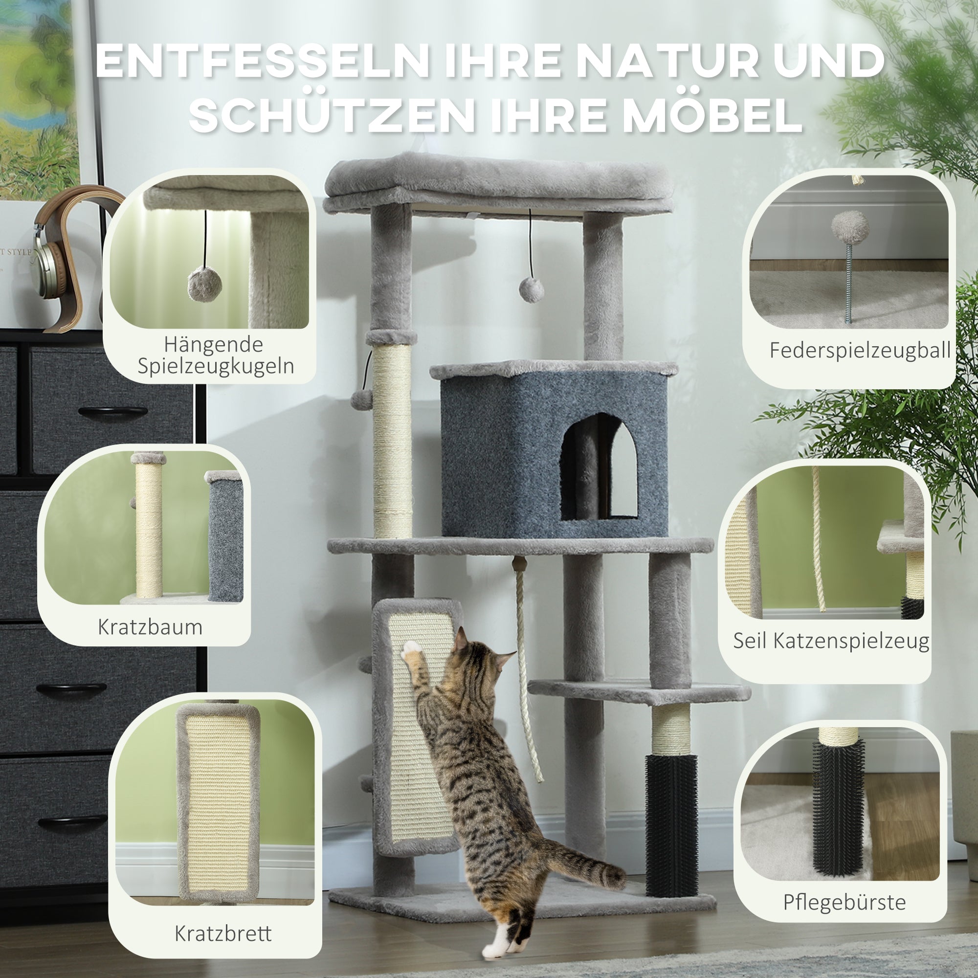 PawHut 132 cm Katzenbaum mit Kratzpfosten, Bett, Haus, Sprungplattformen, Pflegebürste, Hellgrau