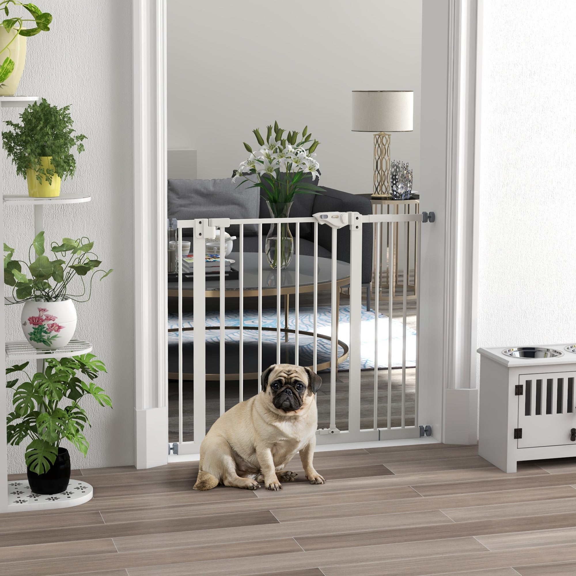 PawHut Türschutzgitter für Hunde, Absperrgitter, Schutzgitter für Haustiere, Metall, Kunststoff, ,74-80/87-94 cm, Weiß