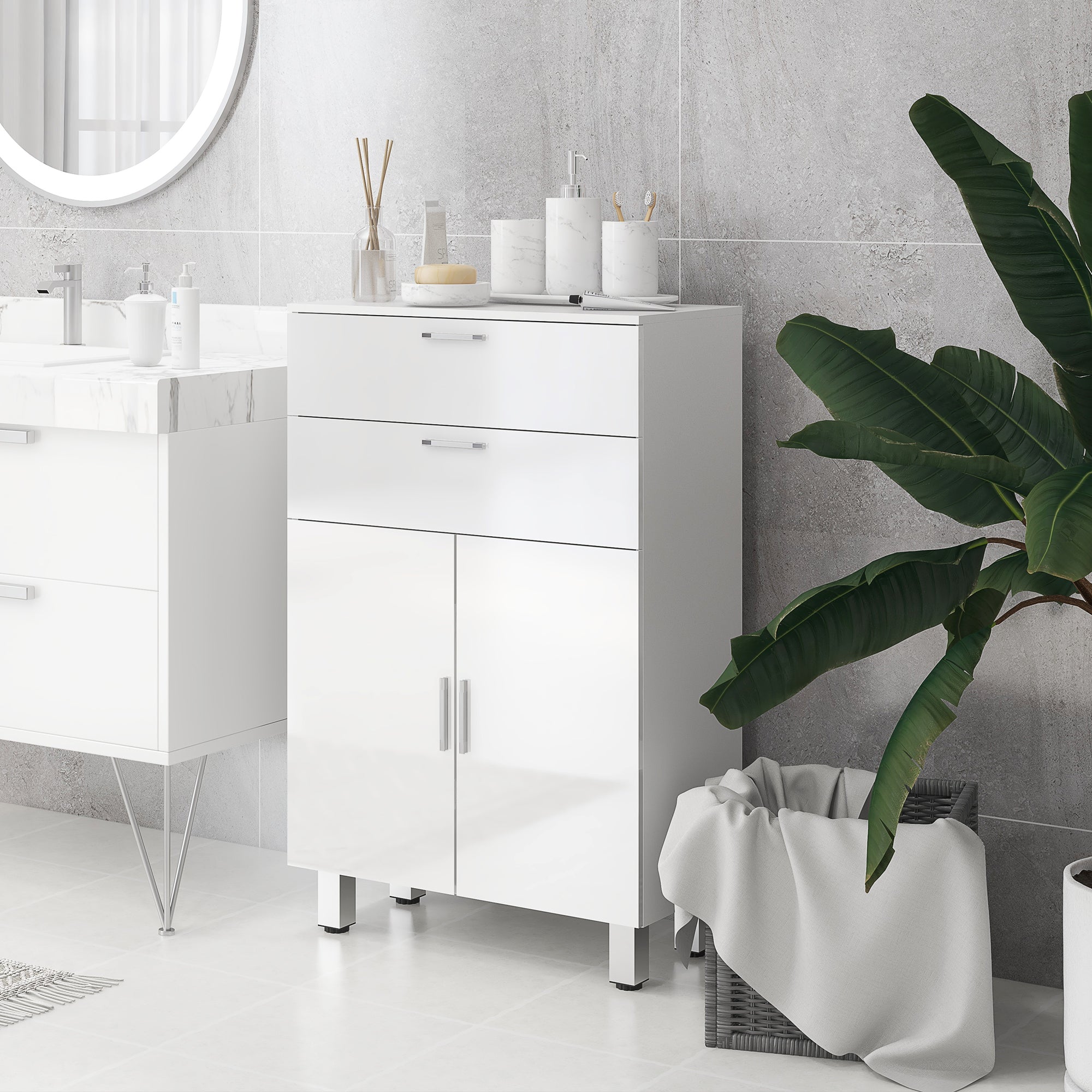 kleankin Badezimmerschrank, Badkommode, 2 Schubladen, verstellbares Regal, Holz, Weiß