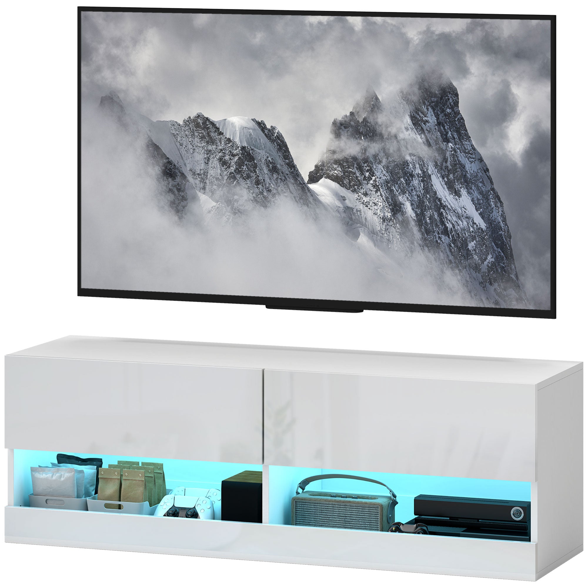 HOMCOM TV-Hängeschrank mit LED-Beleuchtung, 16 Blinkmodi, Wandmontierter TV-Schrank, Offene Regale, 120 x 35 x 40,5 cm, Weiß