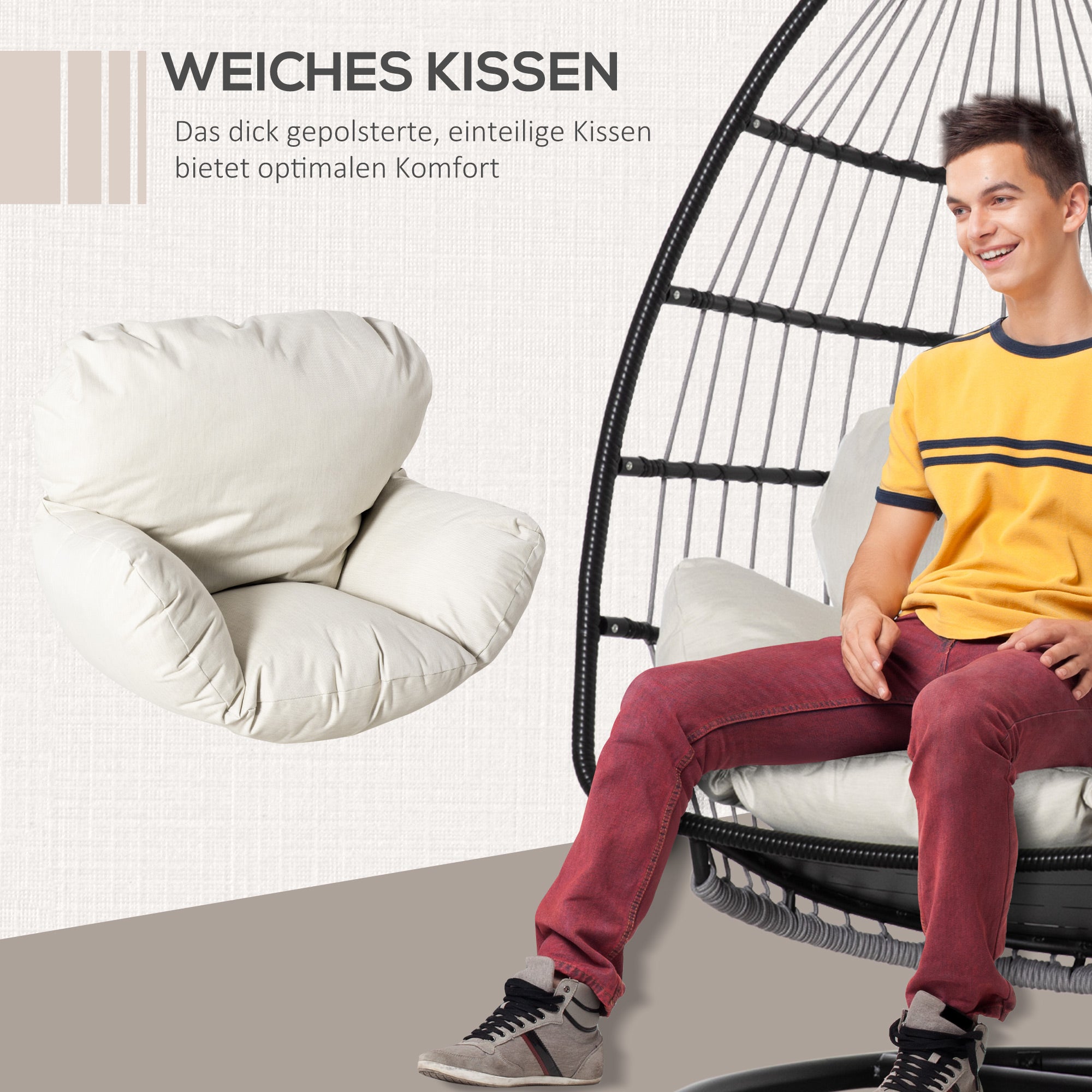 Outsunny Hängesessel Hängekorb mit Gestell Hängeschaukel Hängestuhl mit Kissen Korb faltbar Metall Schwarz+Cremeweiß 101 x 101 x 188 cm