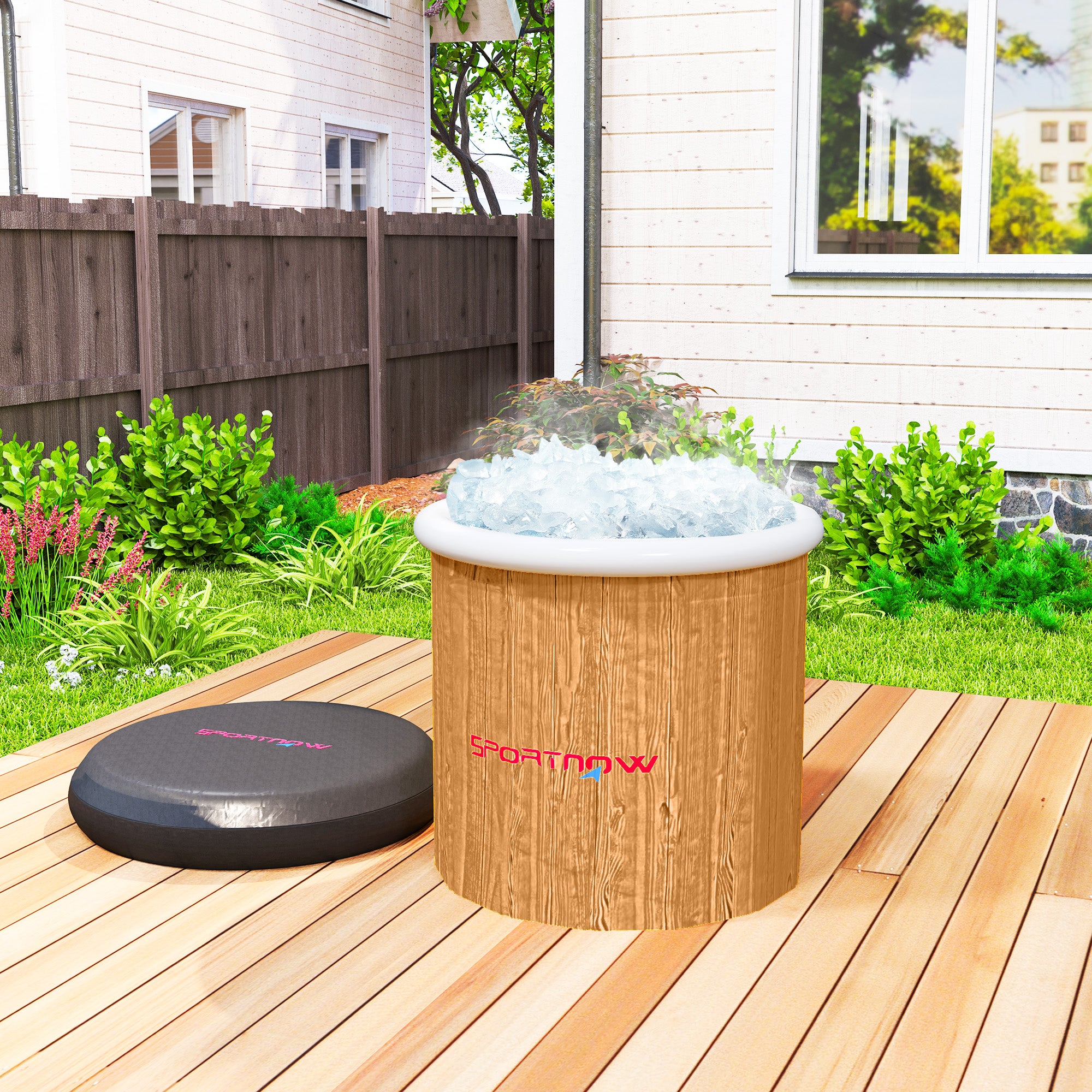 SPORTNOW Eisbadewanne, 300 Liter aufblasbare Eiswanne für Muskelentspannung mit Abdeckung, Tragetasche, Luftpumpe, Braun