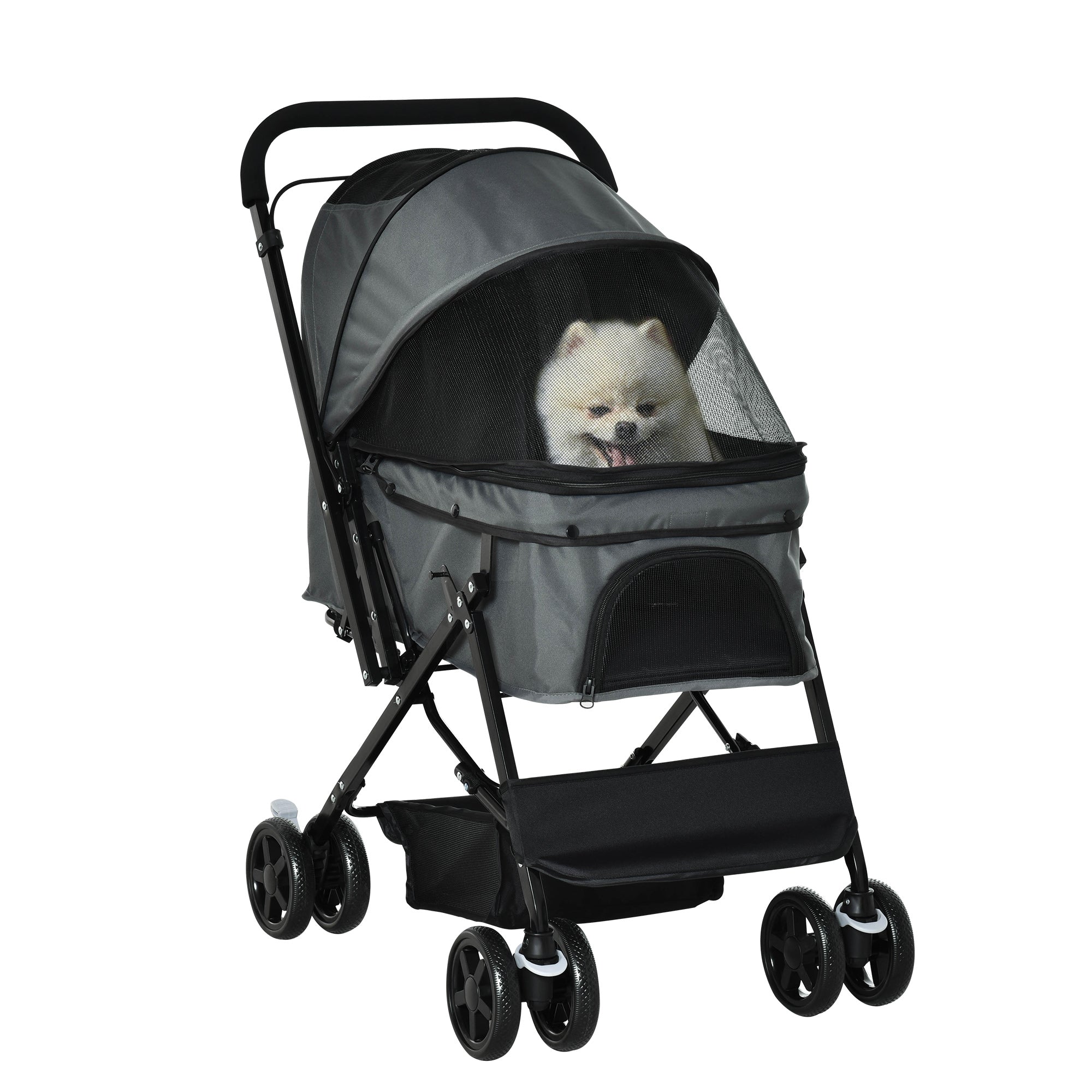 PawHut Hundebuggy Hundewagen bis 10 kg Klappbar Netzfenster Ablagekorb verstellbares Vordach Dunkelgrau 76,5 x 52 x 95 cm