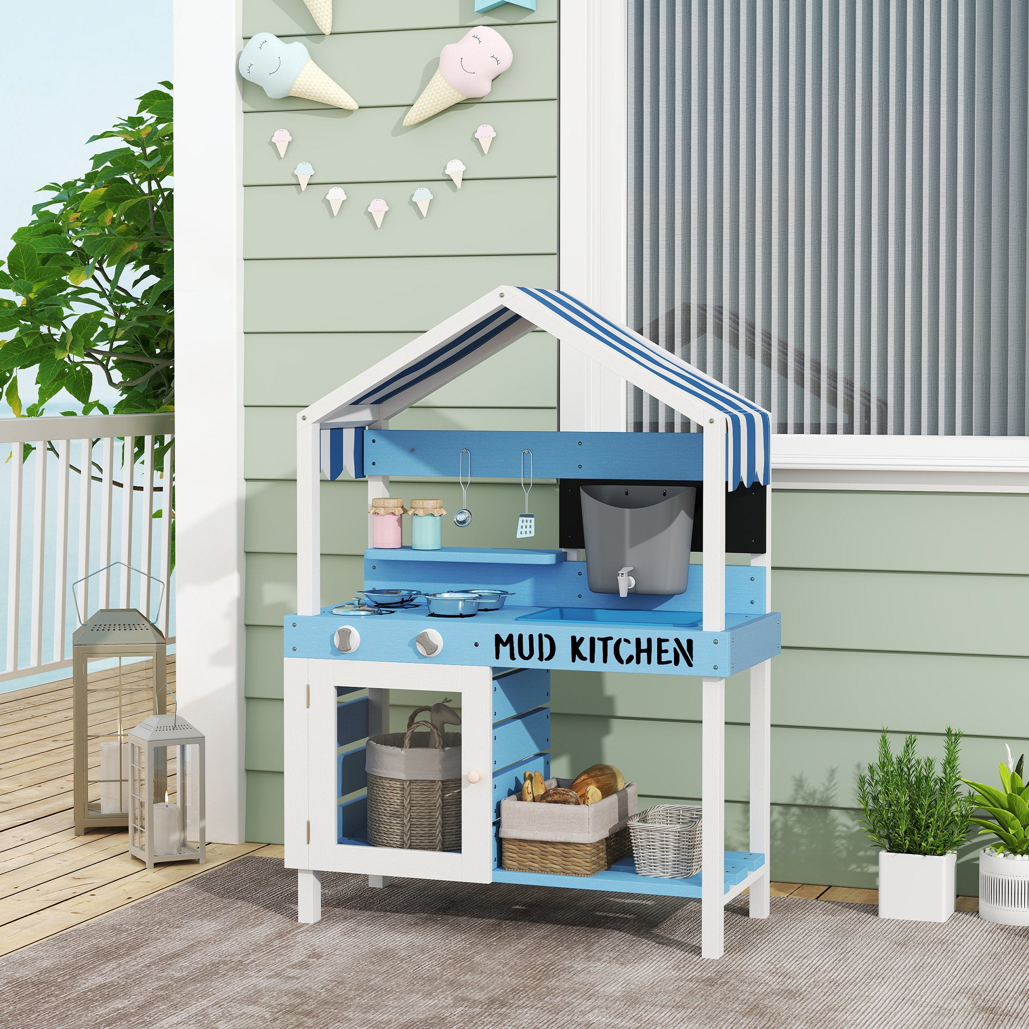 AIYAPLAY Outdoor-Spielküche für Kinder mit Sonnendach, Kochgeschirr-Set, Massivholz, Blau