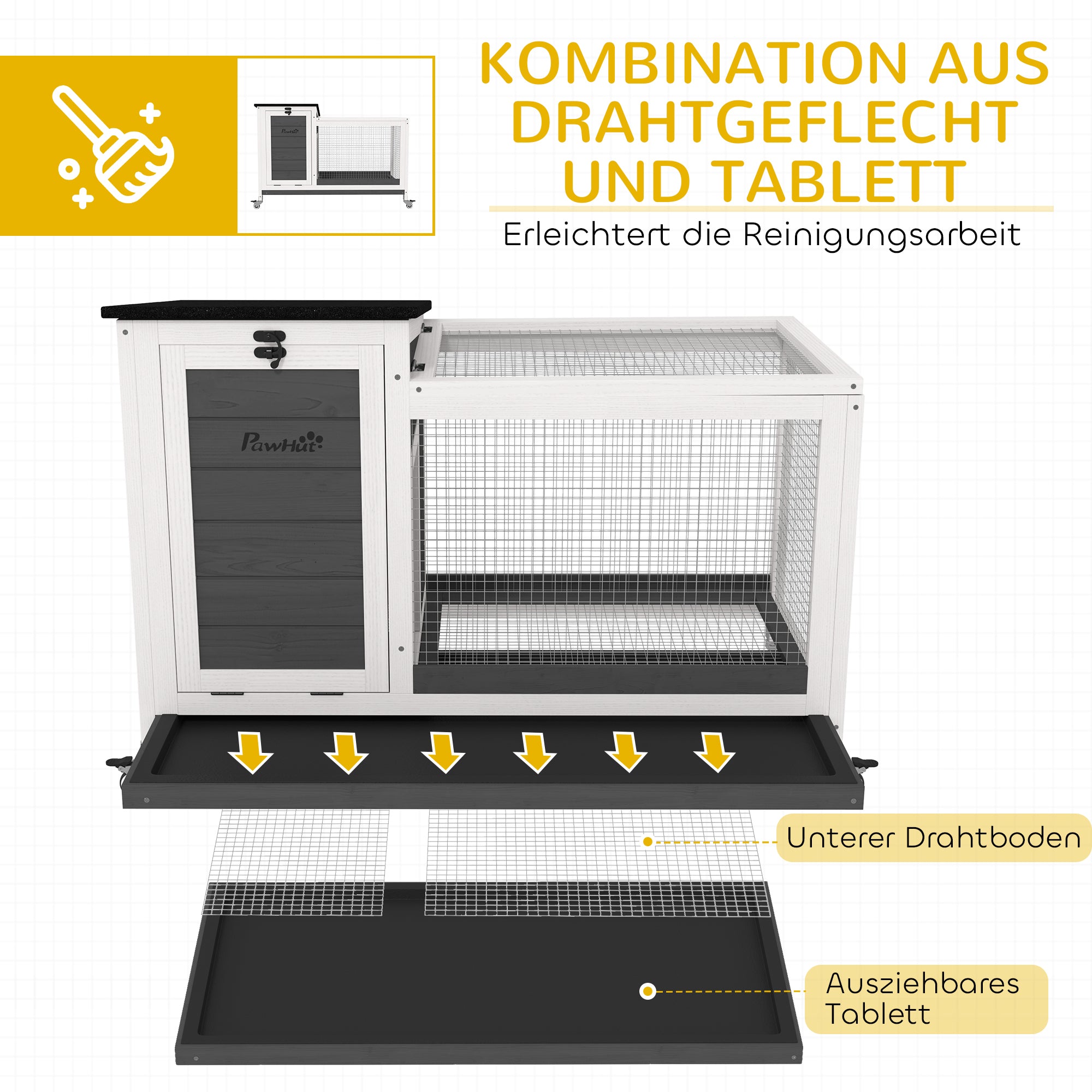 PawHut Kaninchenstall aus Holz Hasenstall mit Freilaufgehege Rädern Klappdach für Innen, draußen 92 x 52 x 67 cm Dunkelgrau