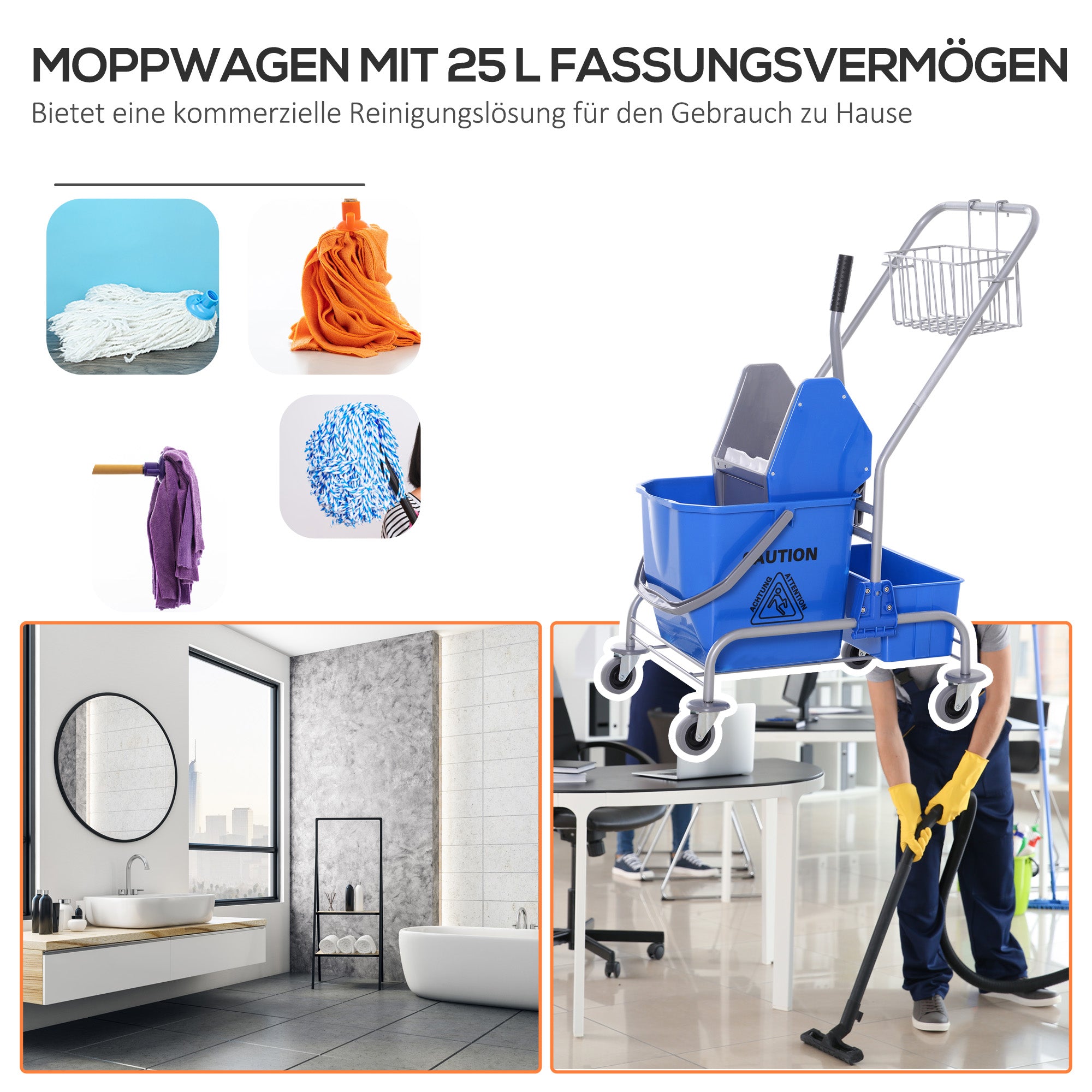 HOMCOM Reinigungswagen, Moppwagen, 25 L Fassungsvermögen, 4 Räder, Kunststoff, Blau