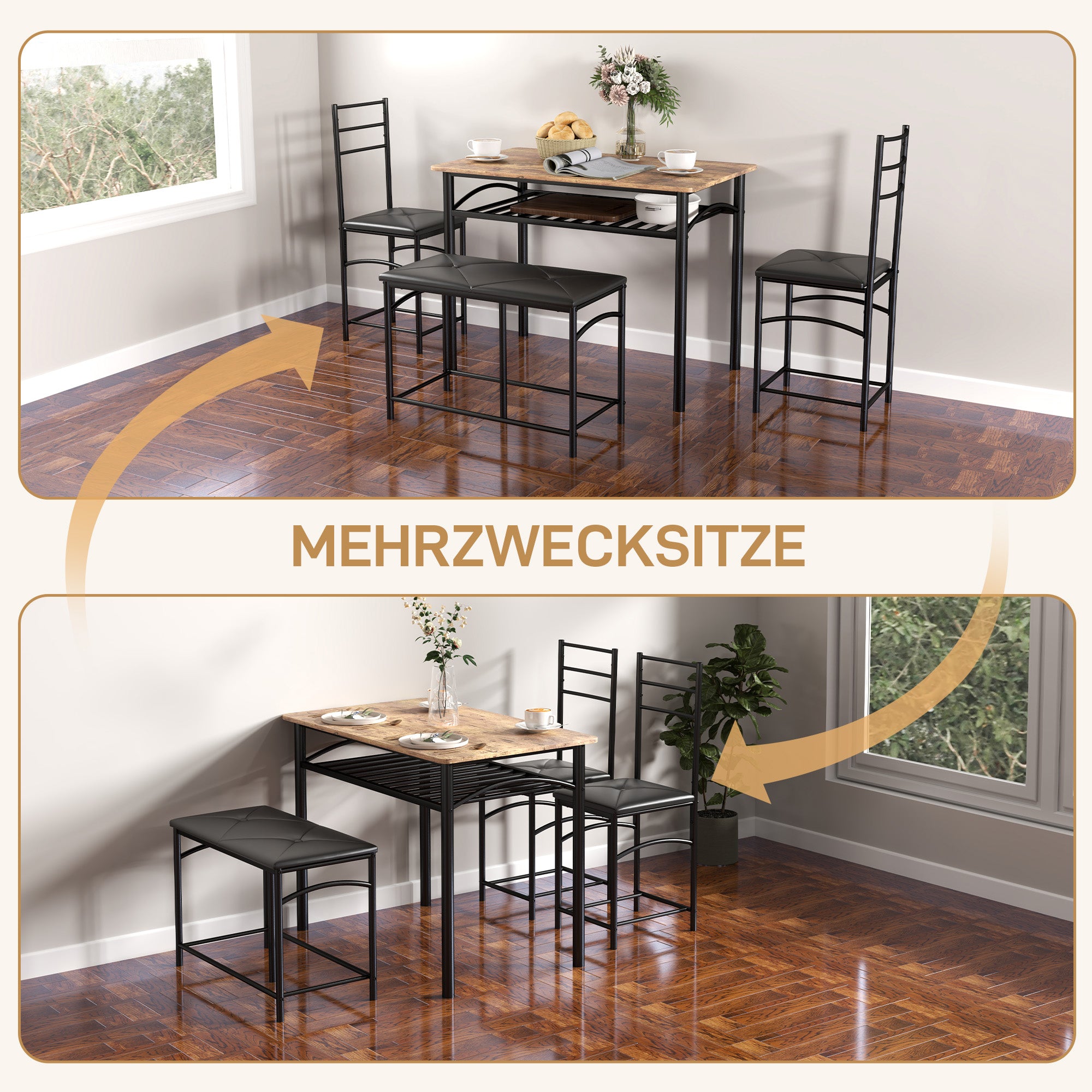 HOMCOM 4-teiliges Esszimmer-Set, Platzsparendes Set aus Tisch, 2 Stühlen und Bank, für kleine Räume, Metall, Holz, Braun