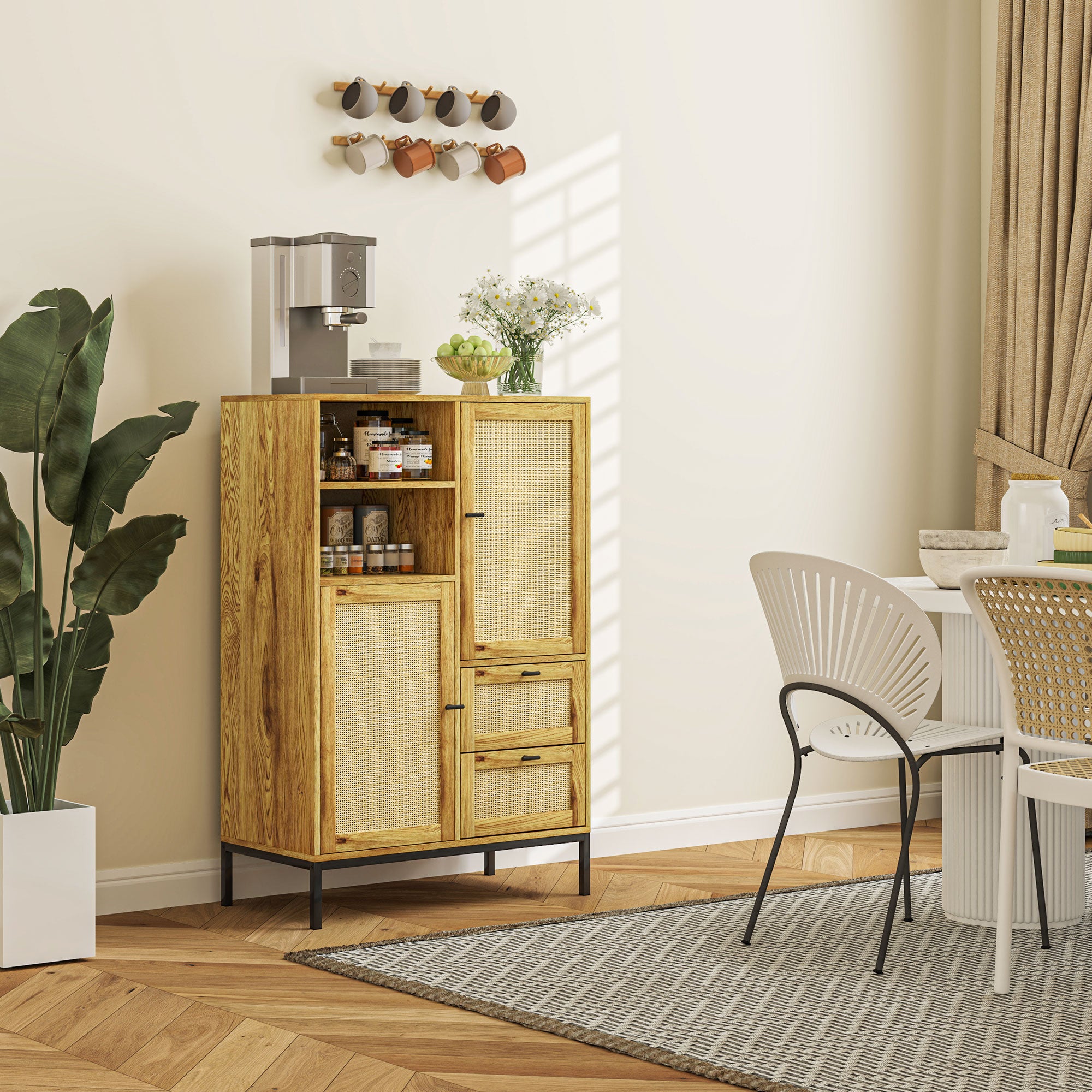 HOMCOM Aufbewahrungsschrank, Flexible Kommode mit Rattan-Türen, Schubladen und verstellbaren Regalen, 80B x 40T x 120H cm