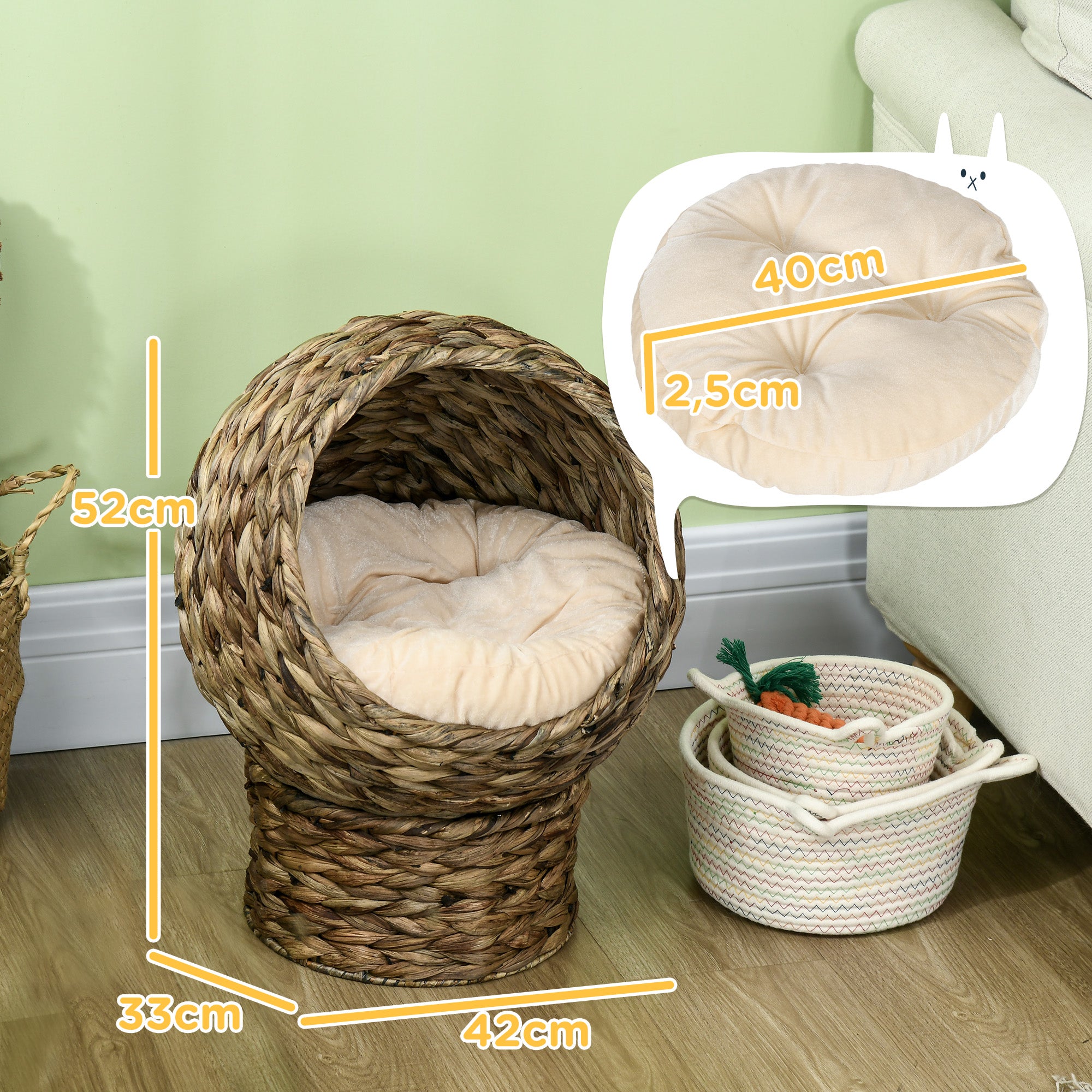 PawHut Rattan Katzenkorb Katzenhöhle Katzenhütte Katzenbett mit Kissen Haustierbett Wasserhyazinthe Kaffee 42 x 33 x 52 cm