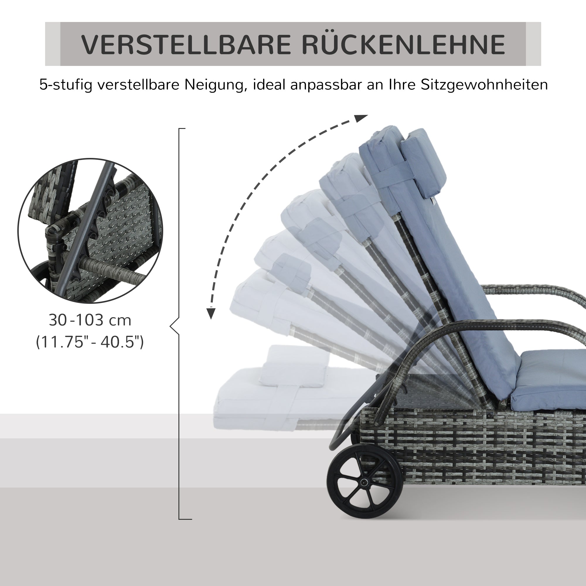 Outsunny Sonnenliege Polyrattan Gartenliege mit 5-Fach verstellbarer Rücklehne, Polsterauflage, Rollen, Kissen, 160 kg belastbar Relaxliege Liegestuhl für Garten, 200x73x30-103cm, Grau