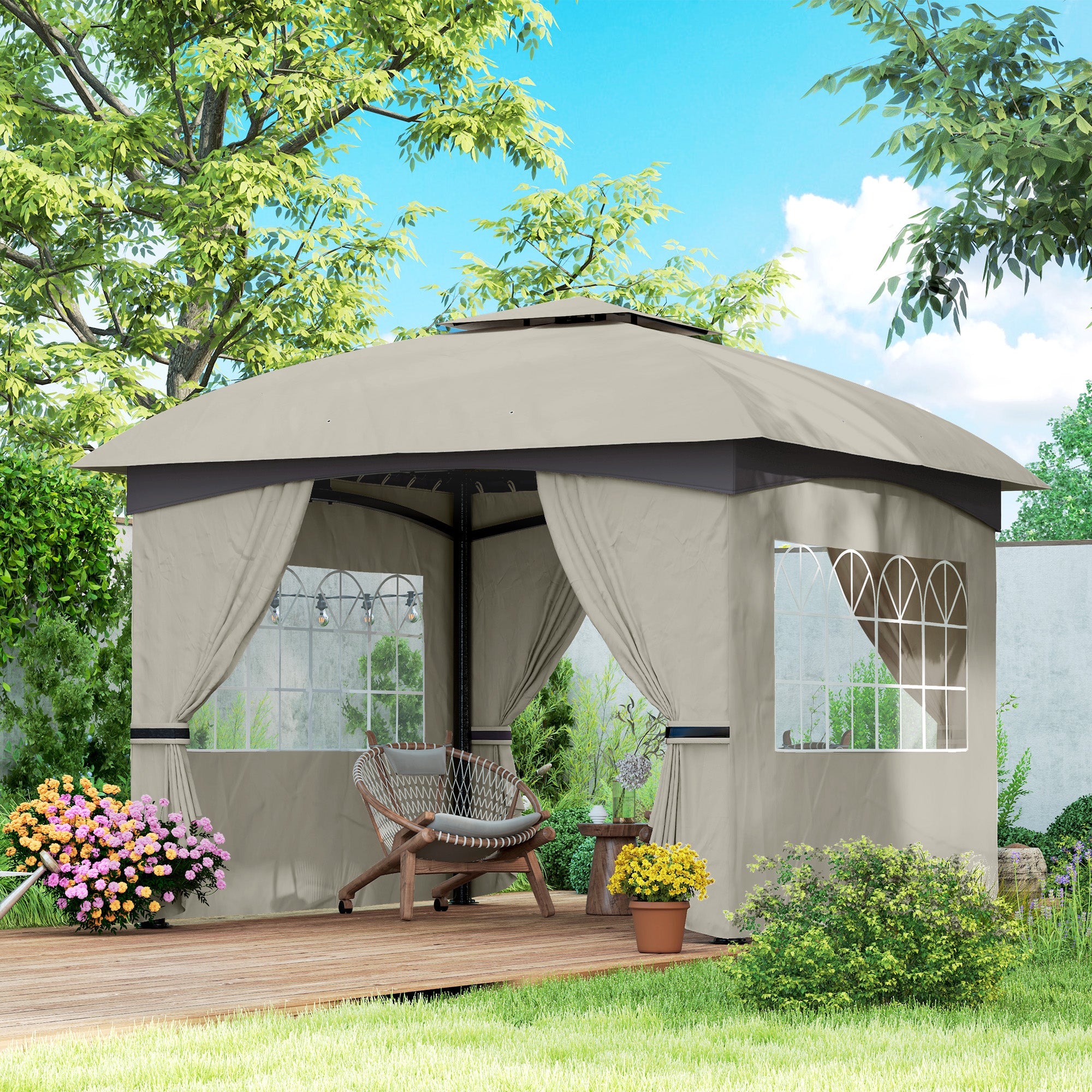 Outsunny 3,4 x 3,4 m Gartenpavillon, Bierzelt mit Lüftungsdach, Bogenfenstern, Stahlgestell, Hellgrau