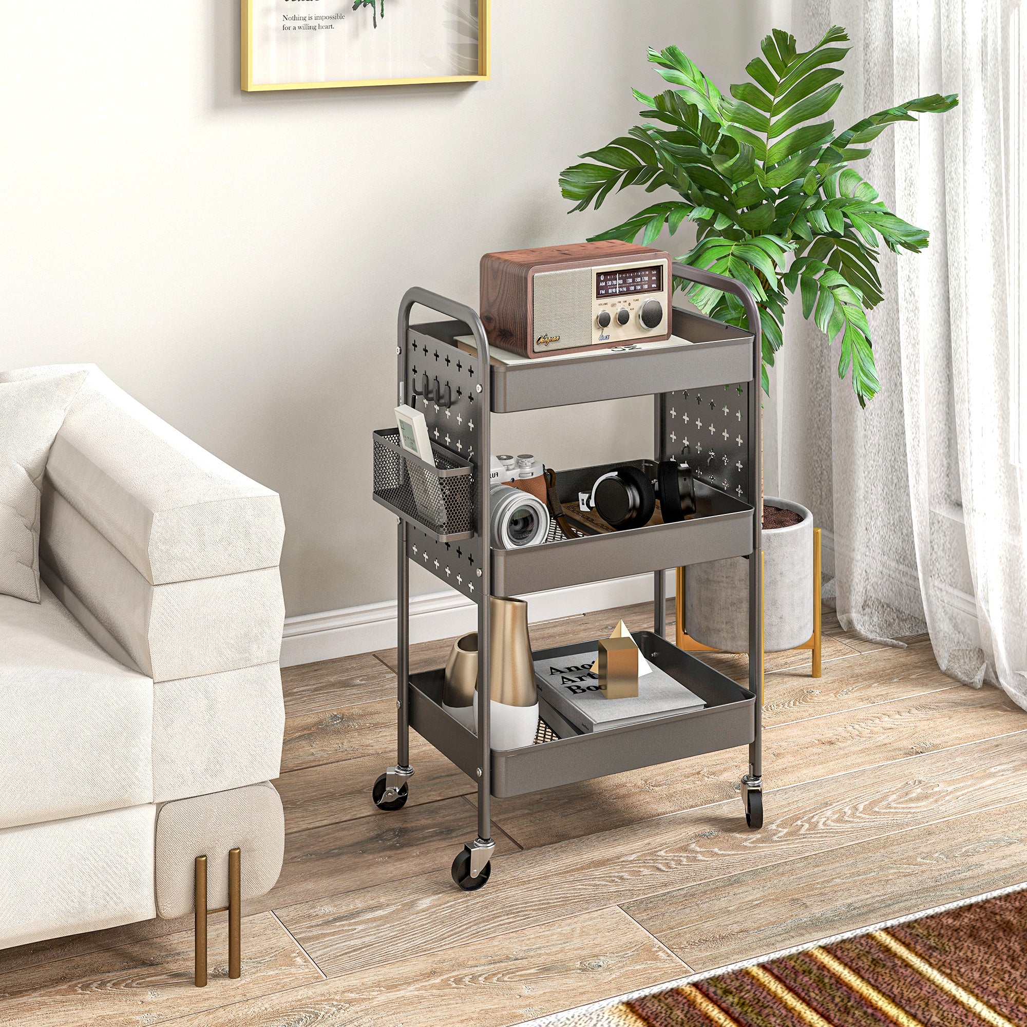 HOMCOM Mehrzweckwagen Rollwagen Küchenwagen, 3 Regale, 4 Rollen, 53,5 cm x 30,5 cm x 75 cm, Grau