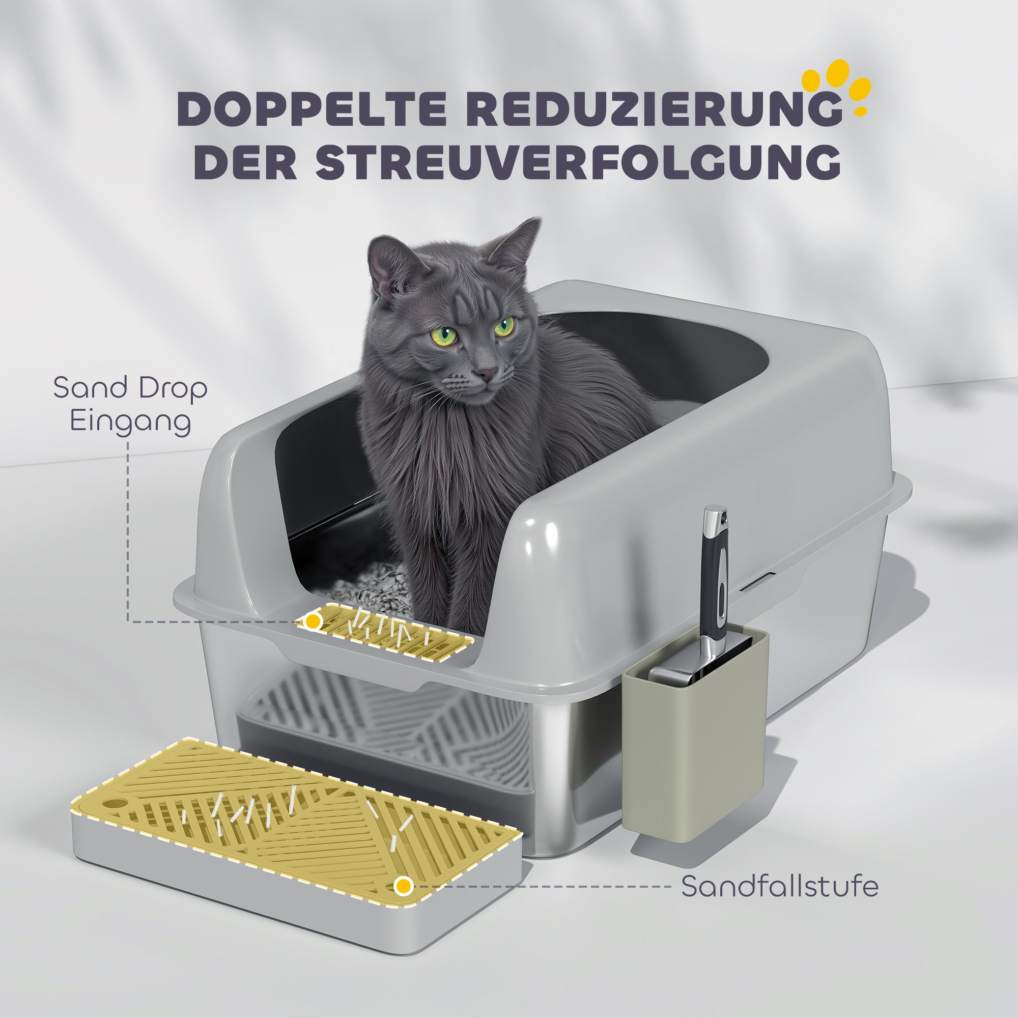 PawHut Katzentoilette, Katzenklo, Edelstahl, hohe Wände, Aufbewahrungsbox, Hellgrau