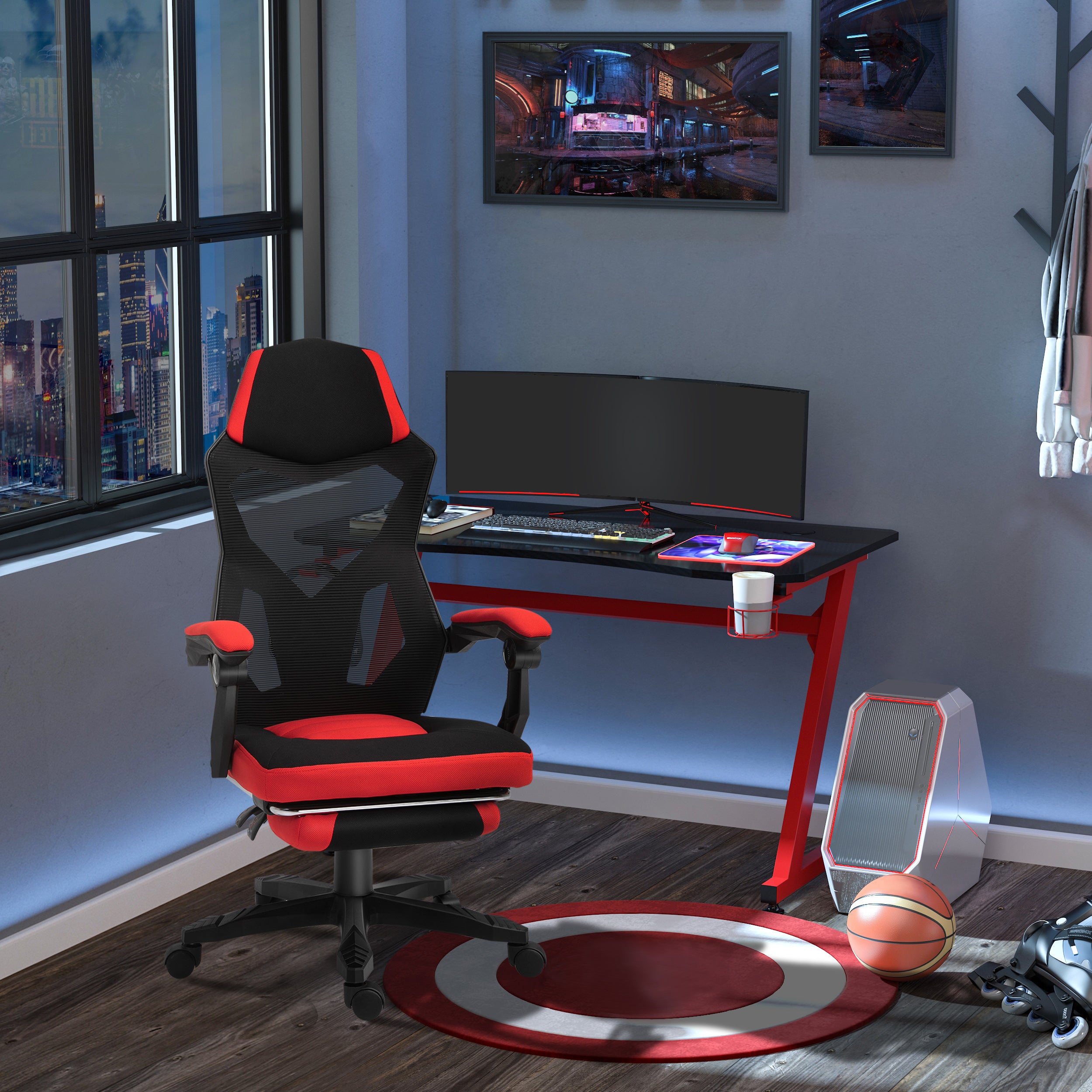 Vinsetto Ergonomischer Bürostuhl, Gaming Stuhl, Drehstuhl mit Fußstütze, PC Stuhl, Chefsessel, höhenverstellbar, Polyester, Schwarz+Rot,58 x 63 x 112-122 cm