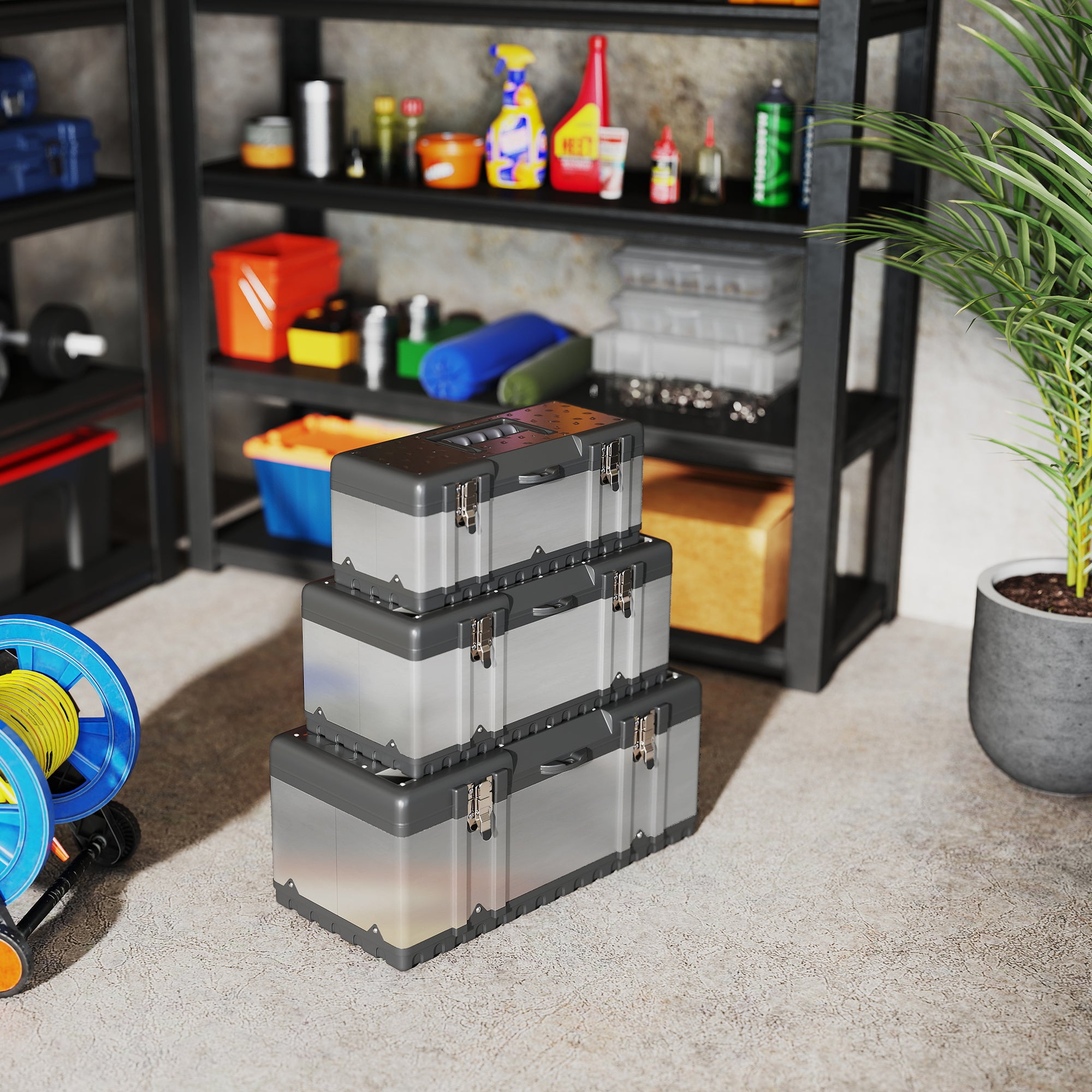 HOMCOM 3-teiliges Werkzeugkasten-Set, Edelstahl, Kunststoff, Silberfarben