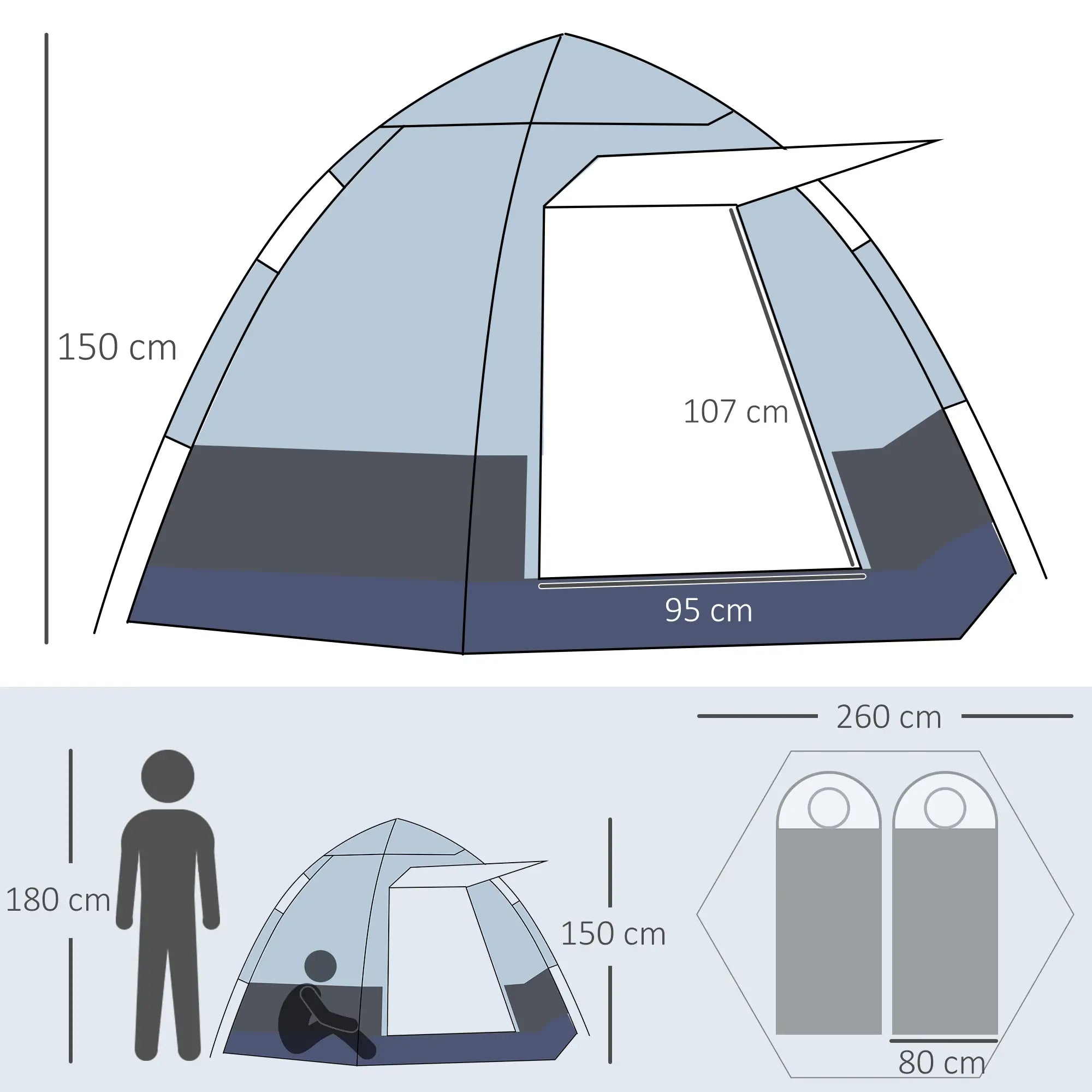 Outsunny Campingzelt 3–4 Personen, Kuppelzelt grau-schwarz