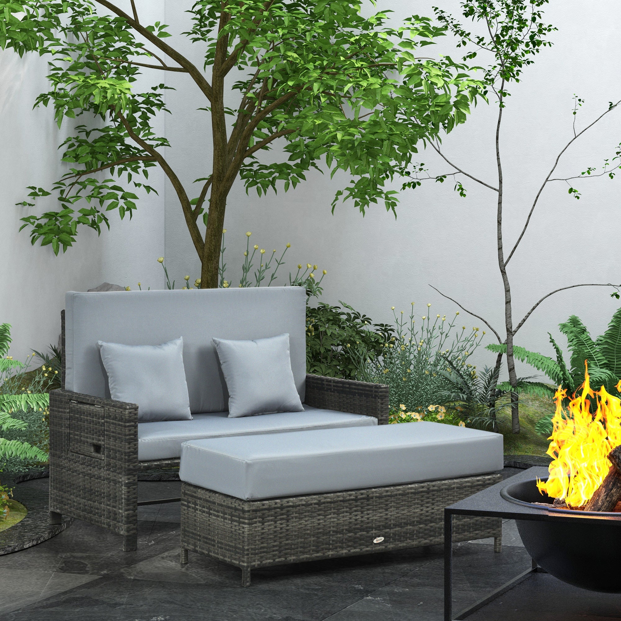 Outsunny Gartensofa mit Liegefunktion, ausfahrbare Fußbank mit Stauraum, Sitzkissen, grau, 130 x 72 x 96 cm