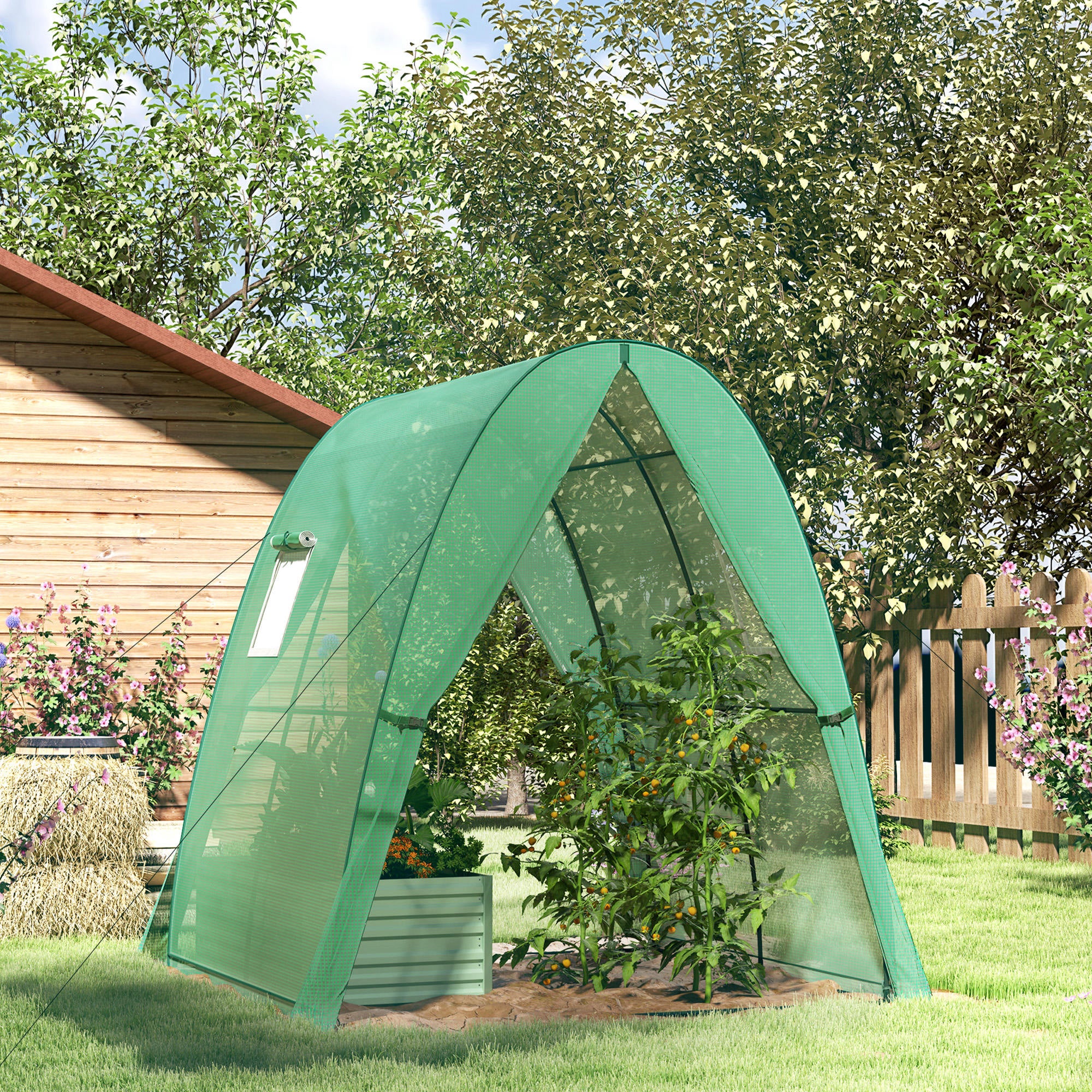 Outsunny Bogen-Gewächshaus mit Sandsäcken und Kunststoff-Abdeckung, 2 Rolltüren, Netzfenster, tragbar, 1,8 x 1,8 x 2 m, Grün