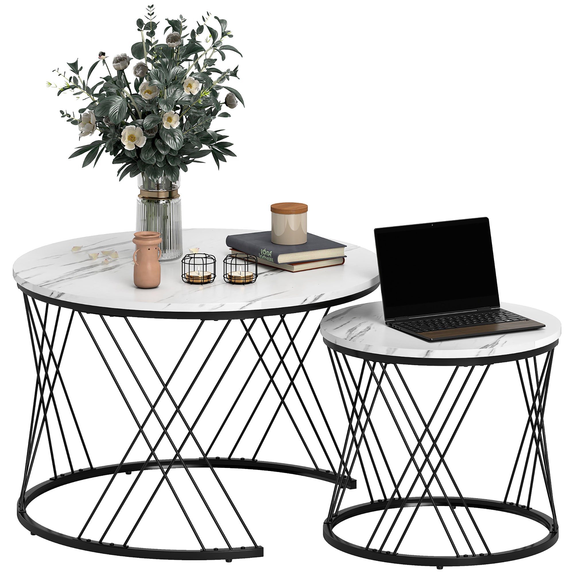 HOMCOM Couchtische im 2er-Set, Marmoroptik, Spanplatte, Metall, runde Kaffeetische für Wohnzimmer, ineinanderstellbar, Weiß