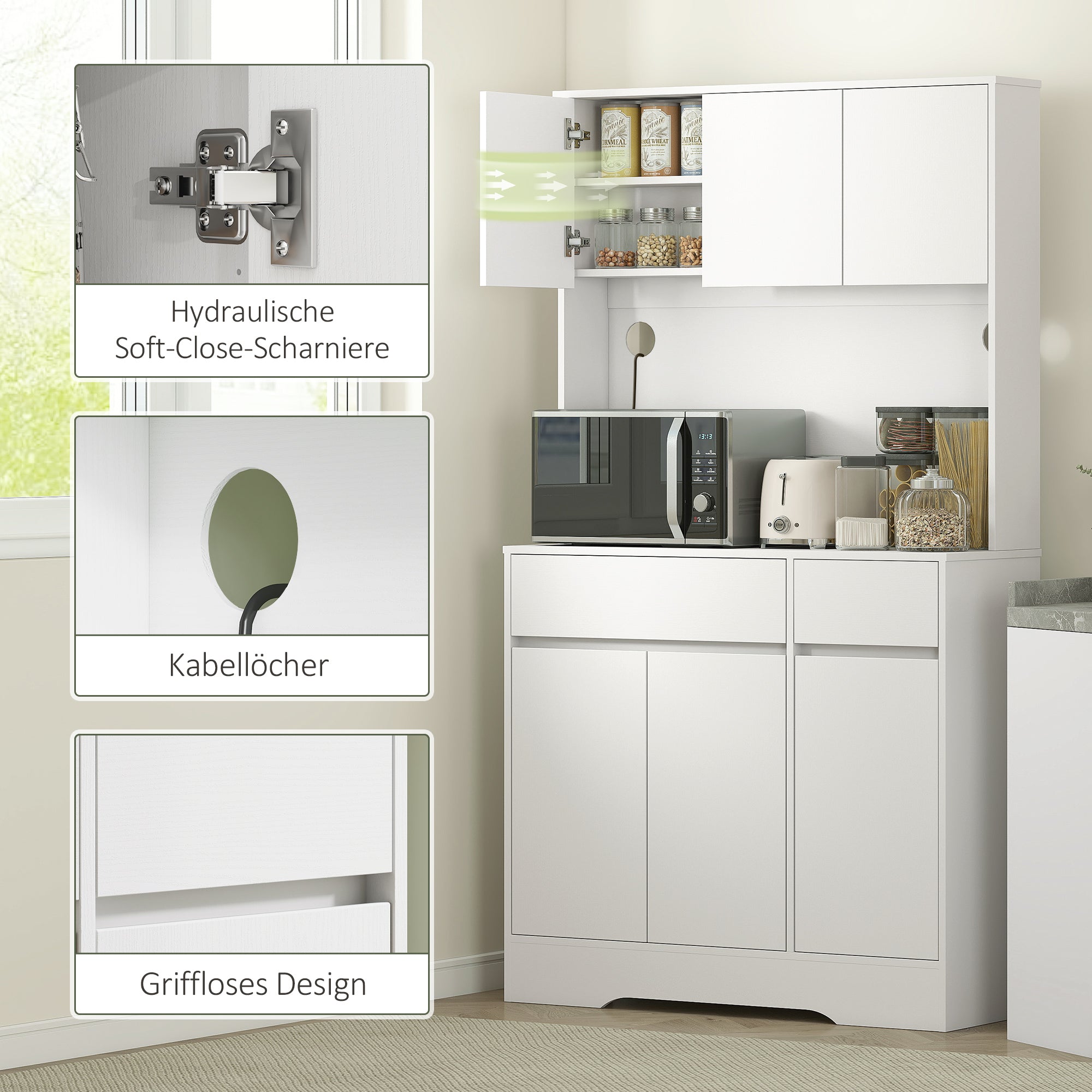 HOMCOM Küchenschrank mit offener Arbeitsfläche, 6 Schranktüren, 2 Schubladen, verstellbare Regale, Kabellöcher, Spanplatte, Weiß