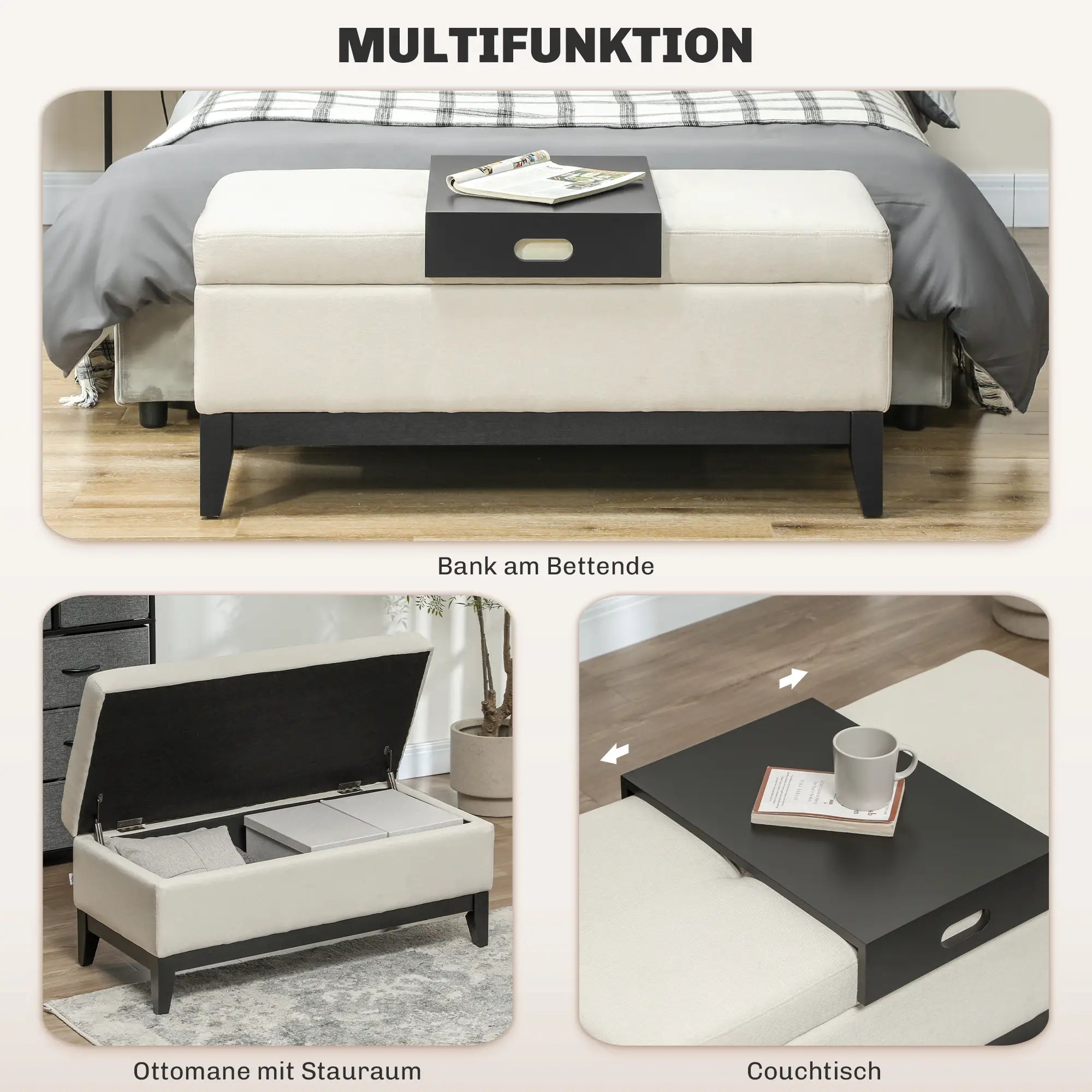 HOMCOM Sitzbank mit Stauraum und Tablett cremeweiß