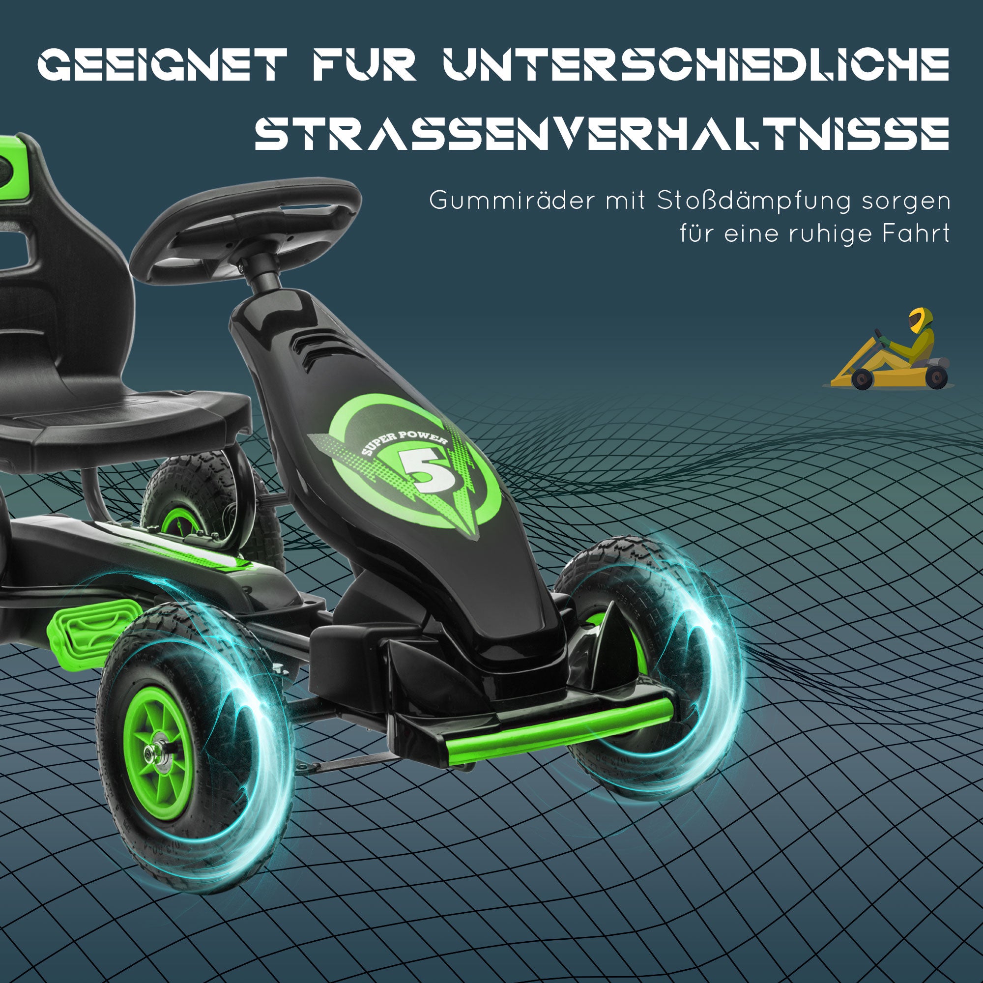 HOMCOM Kinder-Gokart, mit Pedalen, verstellbarem Sitz, In- und Outdoor, ab 5 Jahren, Grün+Schwarz, 121 x 58 x 61 cm