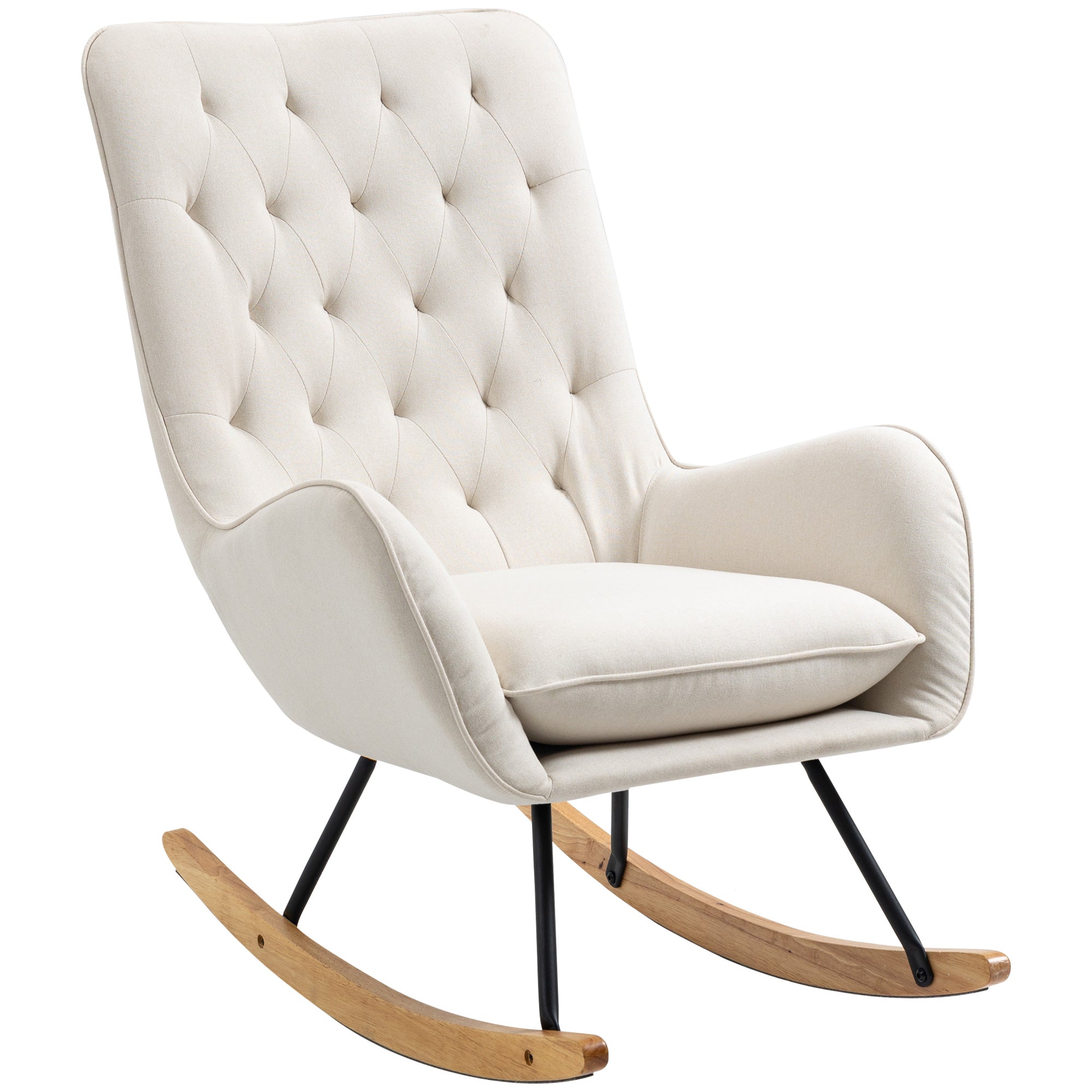 HOMCOM Schaukelstuhl im Skandi-Design Relaxsessel, Knopfheftung, 69 cm x 90 cm x 100 cm, Creme + Natur + Schwarz
