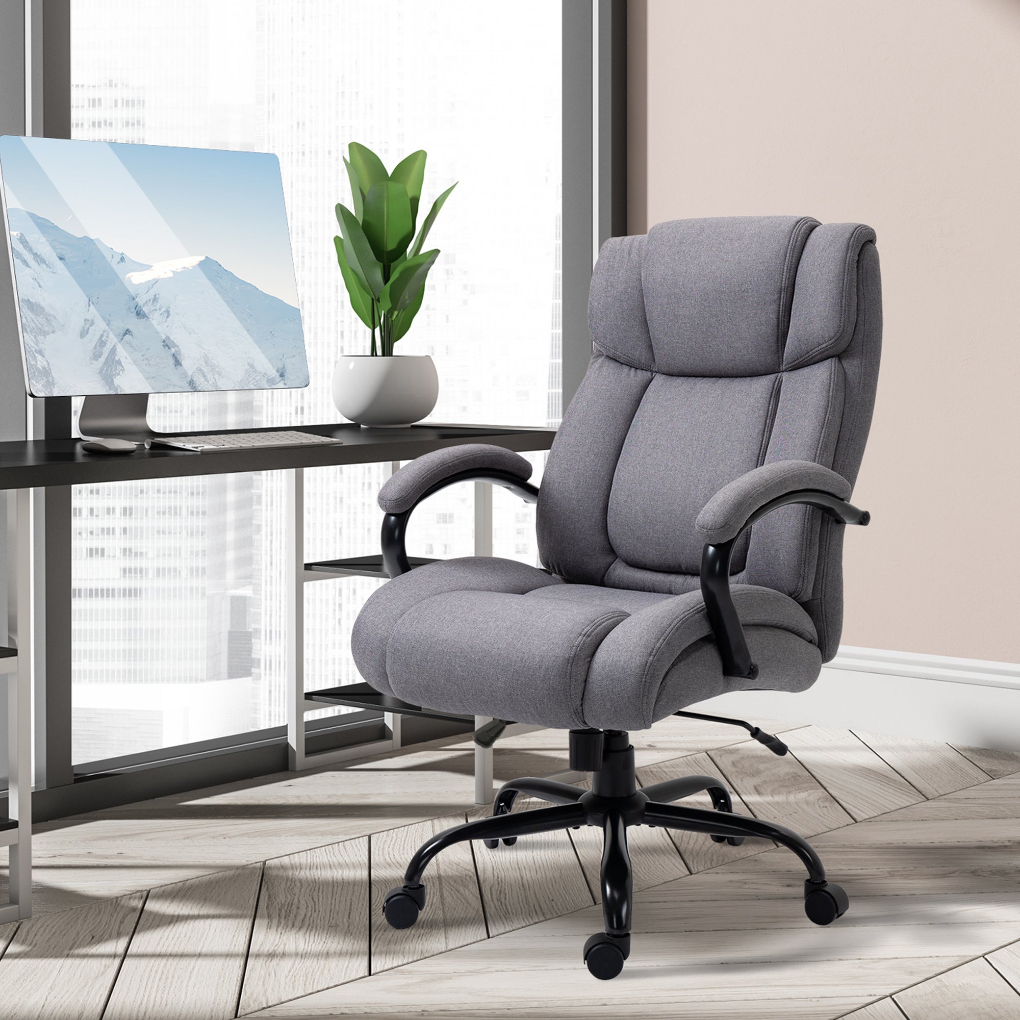 Vinsetto Bürostuhl, Ergonomischer Chefsessel, Gepolsterter Schreibtischstuhl mit Armlehne, Höhenverstellbarer Drehstuhl mit Wippfunktion, Leinenoptik, bis 220 kg belastbar, Hellgrau