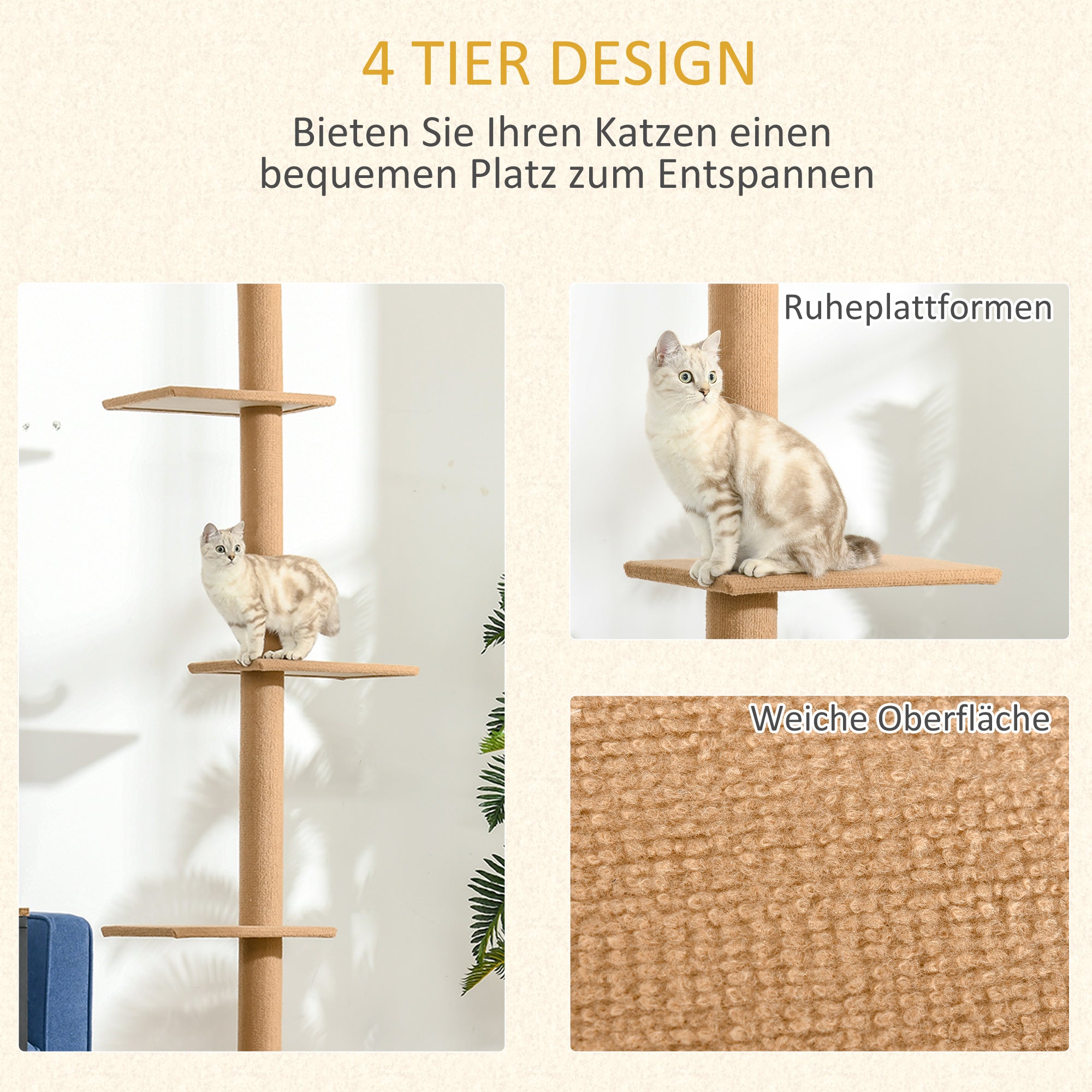 PawHut Kratzbaum Deckenhoch, 228-260 cm Höhenverstellbarer Katzenbaum Kletterbaum für Katzen mit 3 Ebenen, Katzenkratzbaum, Spielbaum vom Boden bis zur Decke Hellbraun